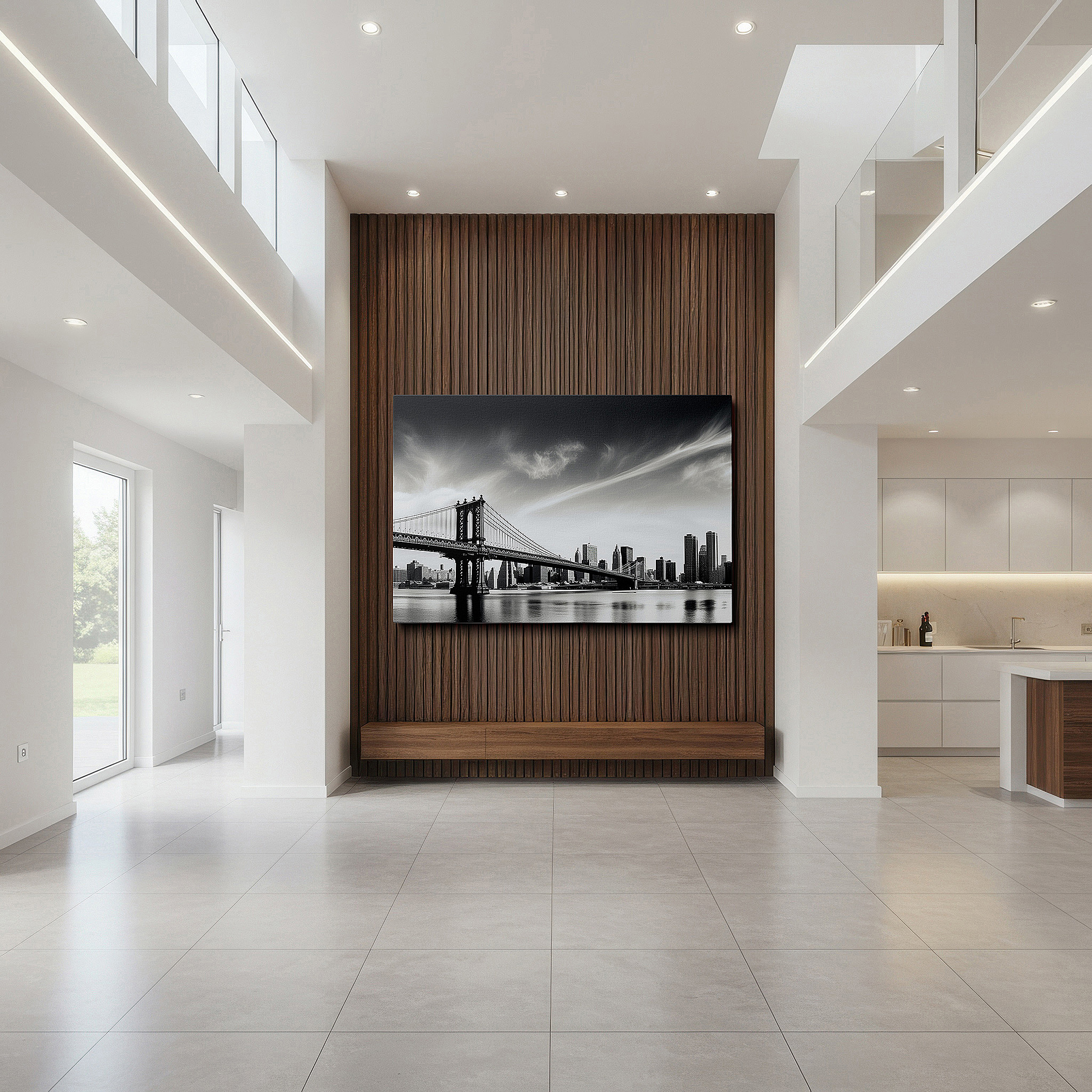 Side profile highlights a tightly wrapped canvas over a 3 cm deep stretcher — manhattan bridge and nyc skyline wall art - a monochrome tribute to urban elegance and architectural mastery, large canvas wall art