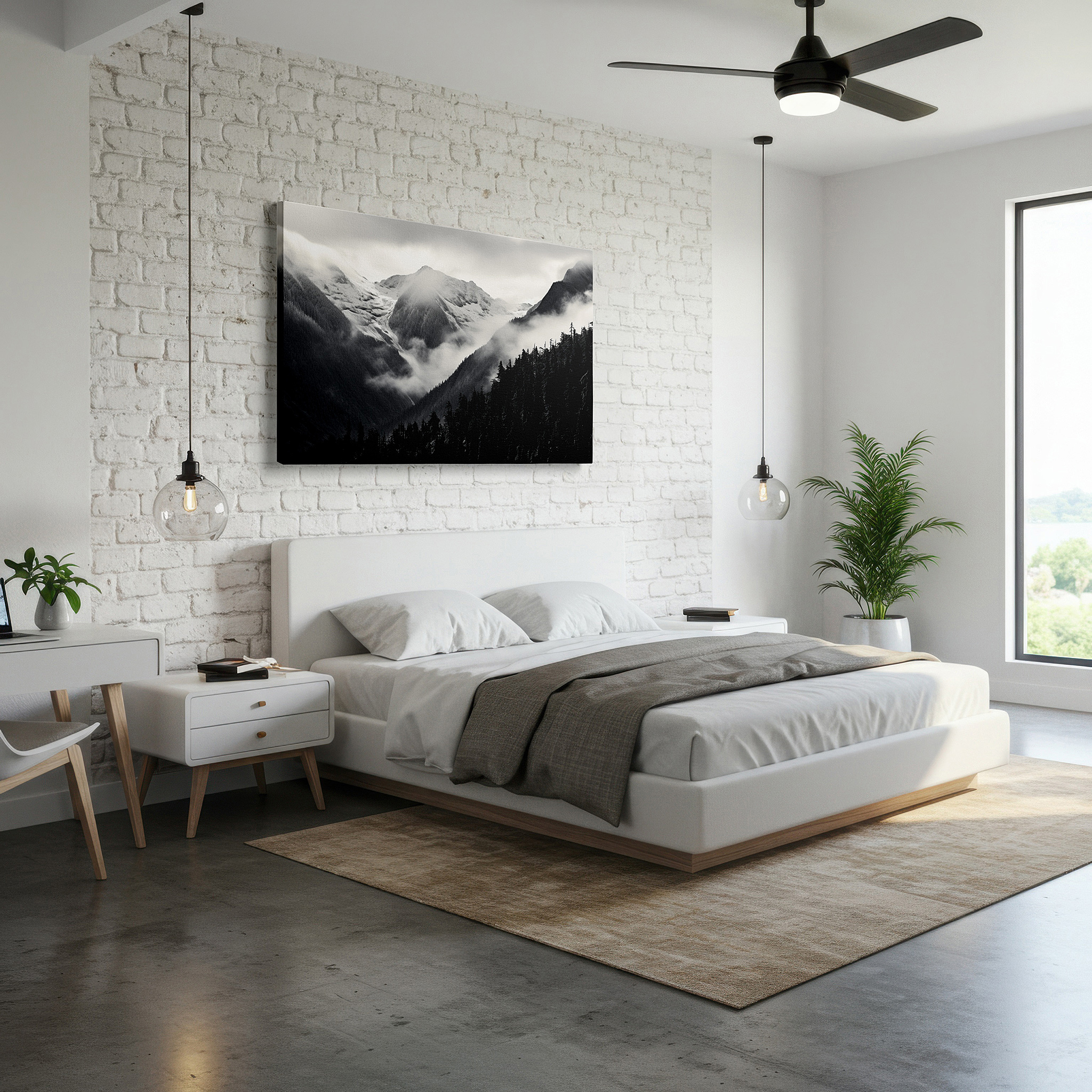 Side profile highlights a tightly wrapped canvas over a 3 cm deep stretcher — monochrome majestic mountains - snow-capped landscape with ethereal mist, large canvas wall art for office and bedroom decor