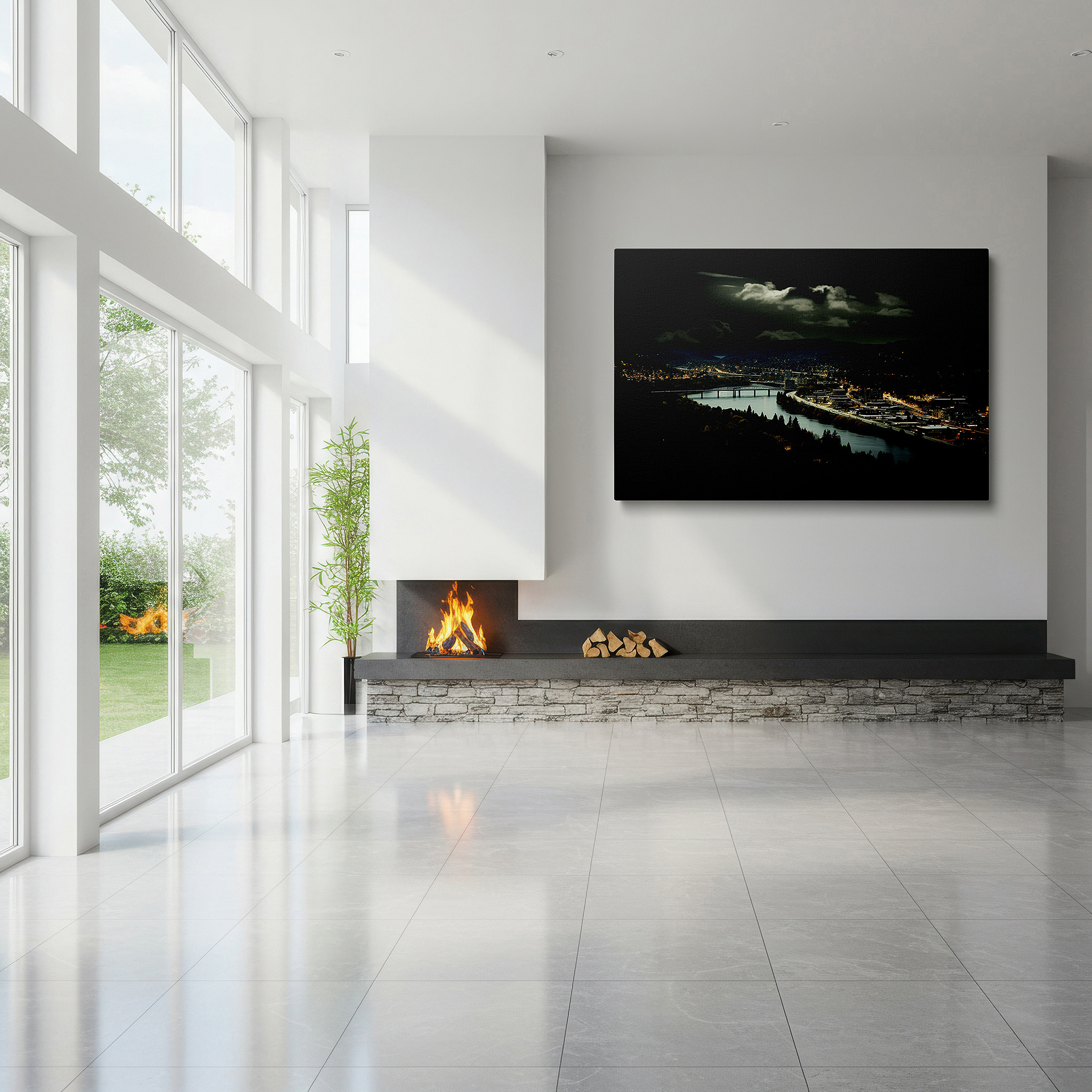Side profile highlights a tightly wrapped canvas over a 3 cm deep stretcher — moonlit tranquil river valley: a nocturnal blend of nature and urban elegance - large canvas wall art for home and office decor