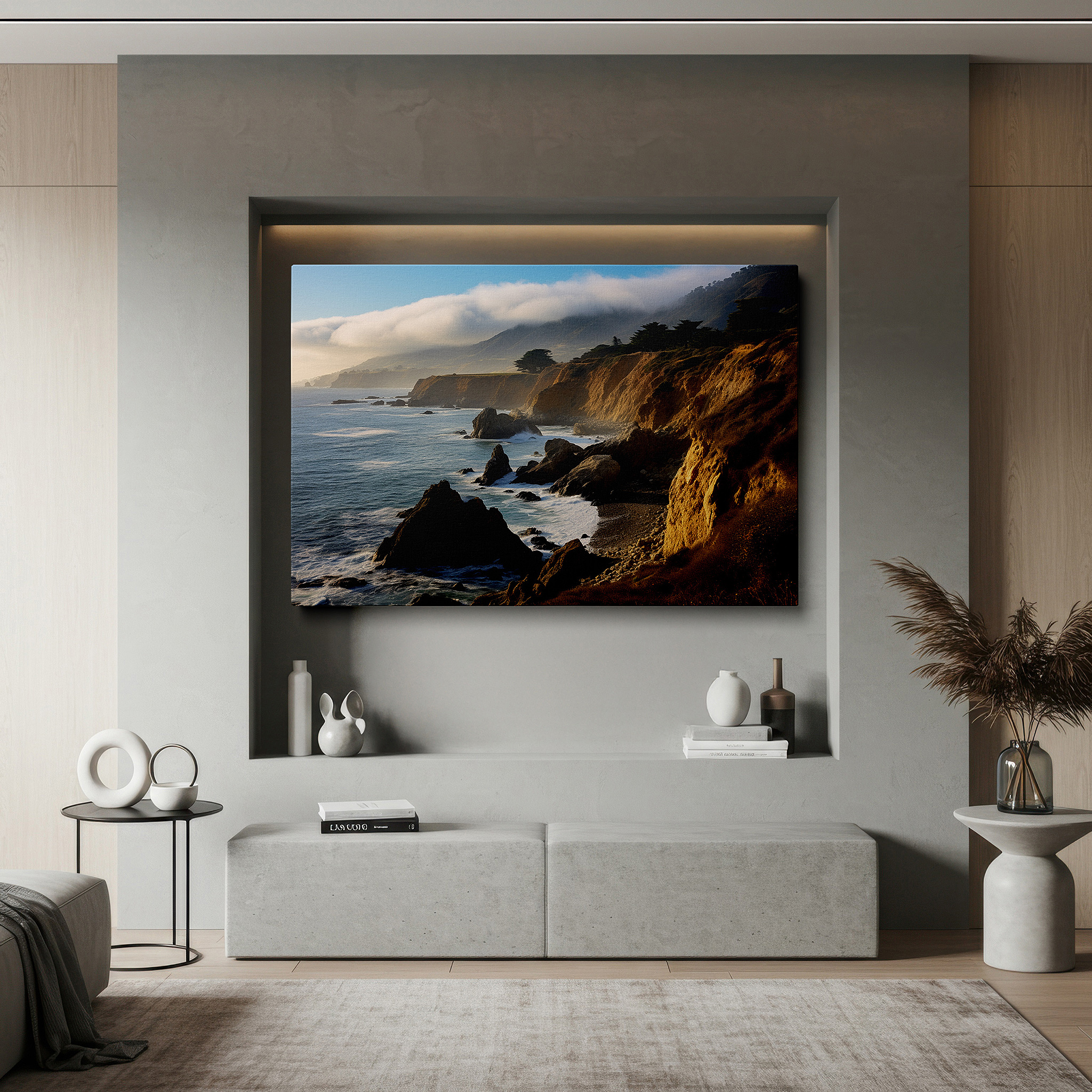 Side profile highlights a tightly wrapped canvas over a 3 cm deep stretcher — mystical fog and ocean's rage over rugged cliffs large canvas wall art for office and bedroom decor