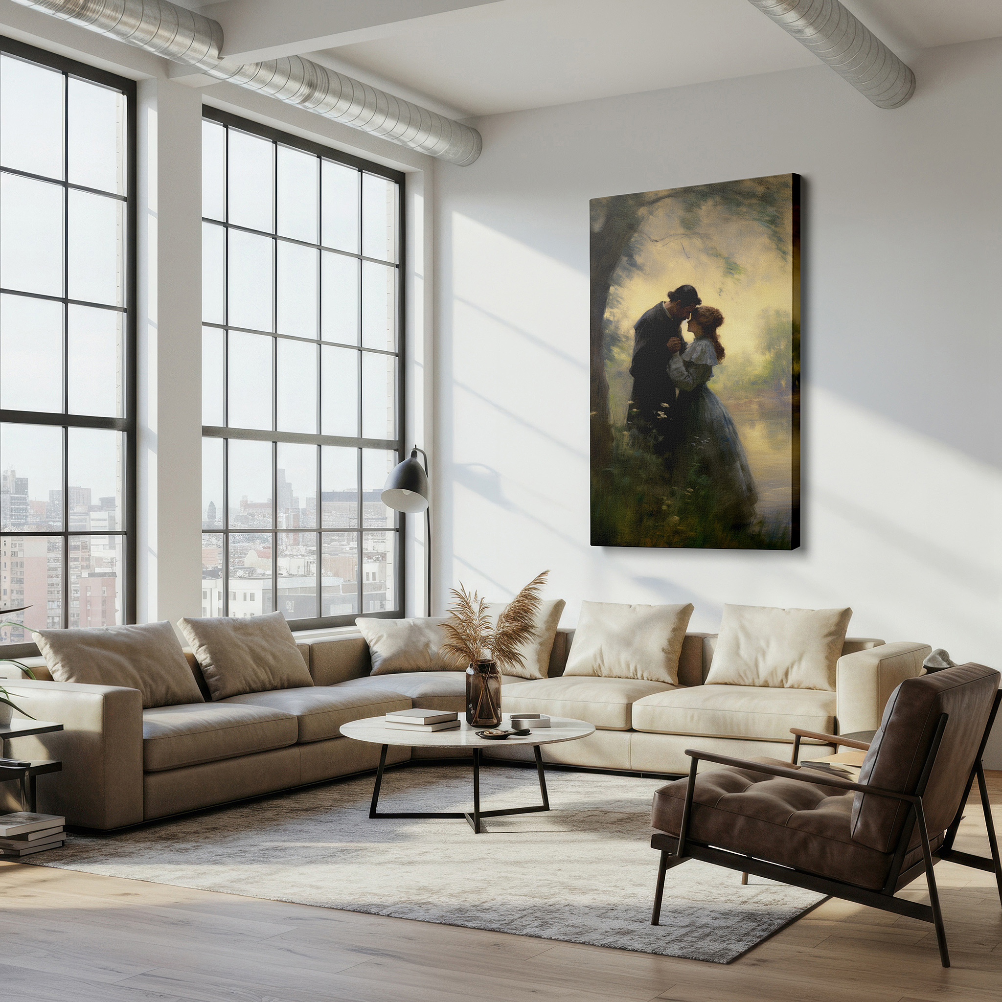 Side profile highlights a tightly wrapped canvas over a 3 cm deep stretcher — nature's serene embrace: love-themed large wall art for bedrooms, living rooms, and offices
