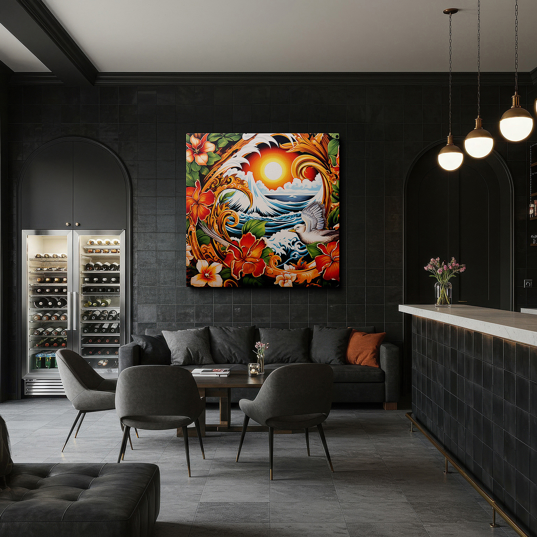 Side profile highlights a tightly wrapped canvas over a 3 cm deep stretcher — ocean's majesty and blooming tranquility under a captivating sunset: large wall art, canvas wall art, wall decor for office and bedroom