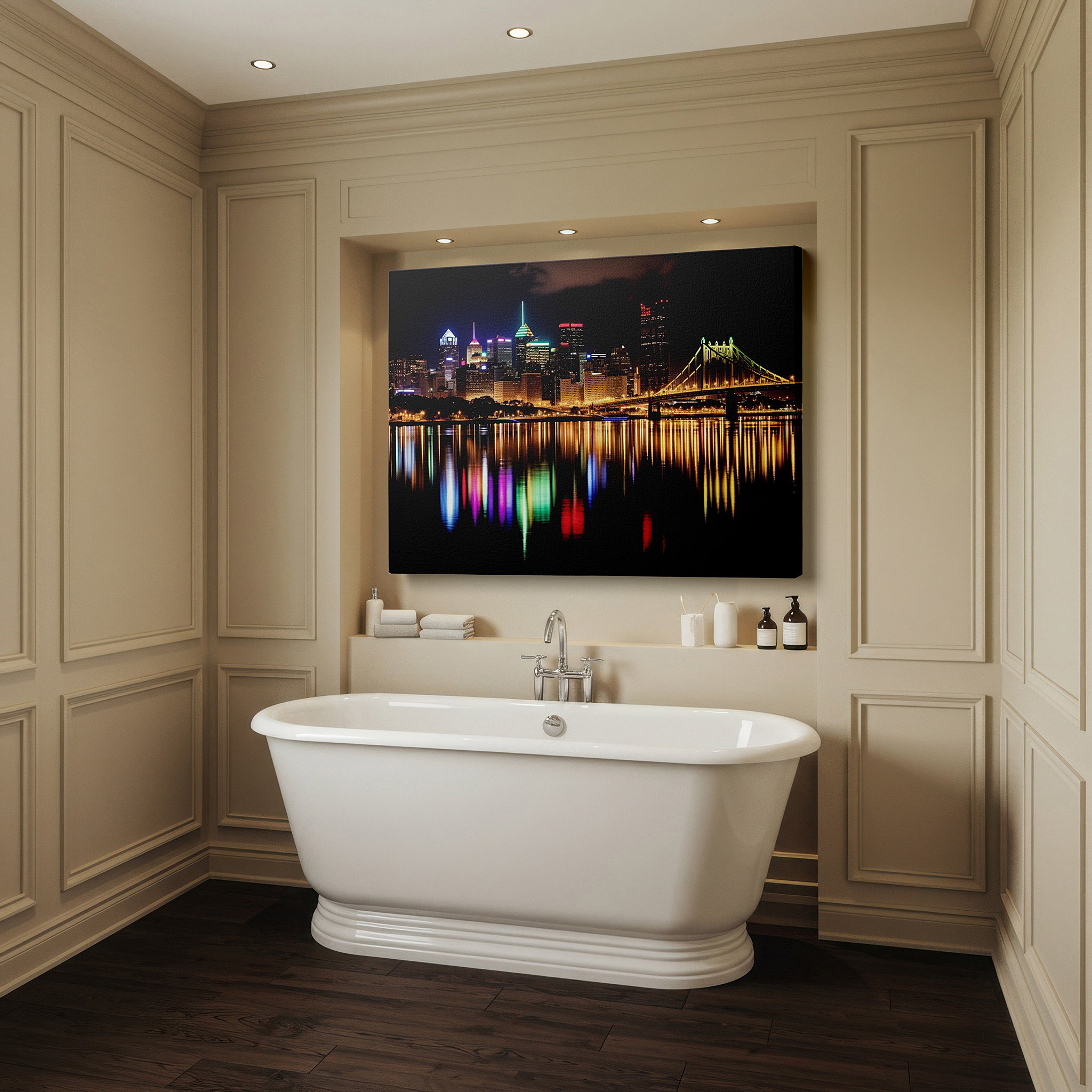 Side profile highlights a tightly wrapped canvas over a 3 cm deep stretcher — pittsburgh's enchanting nighttime skyline: a tribute to urban life and architectural diversity - large canvas wall art decor