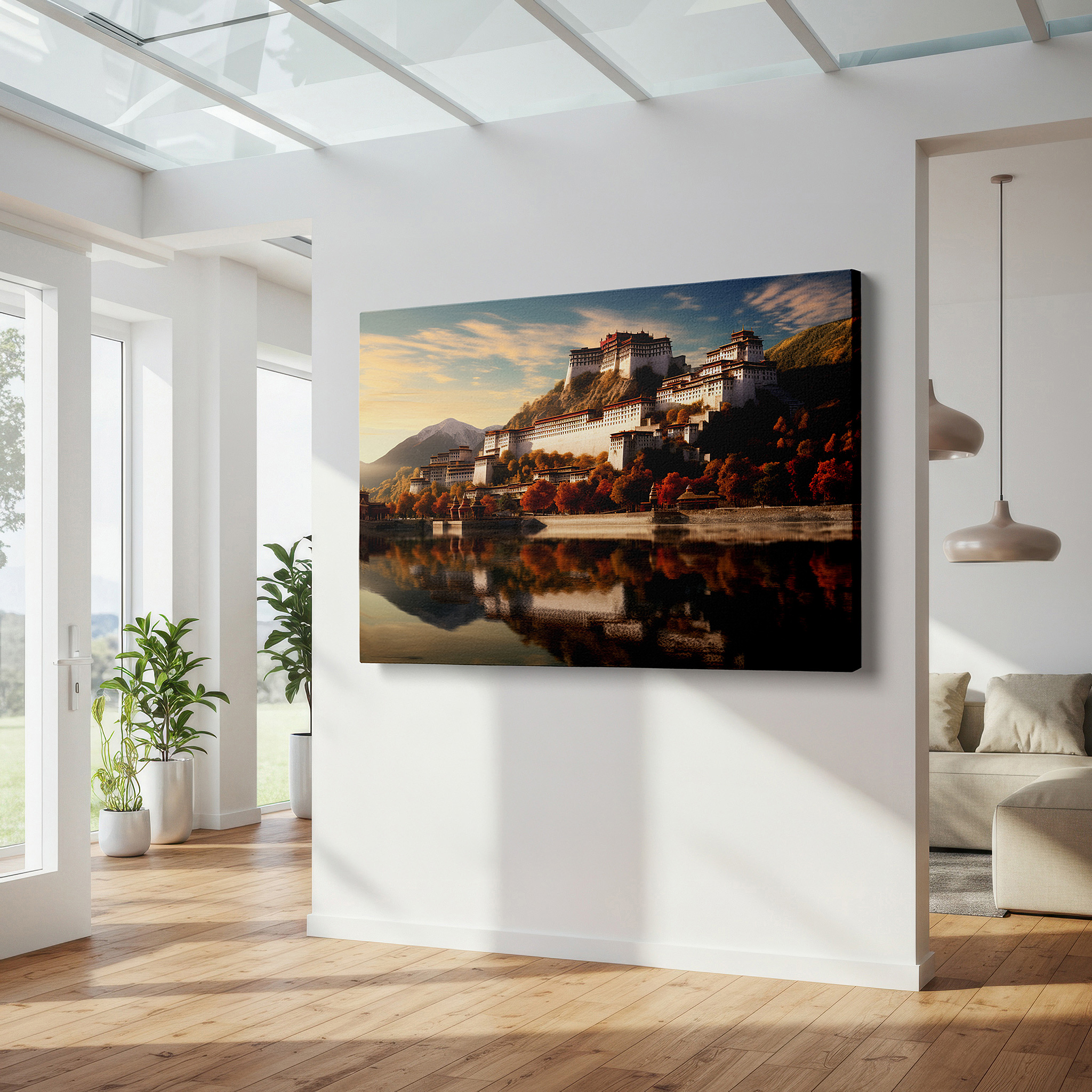 Side profile highlights a tightly wrapped canvas over a 3 cm deep stretcher — potala palace at dawn's first light: a tribute to tibet's spiritual essence - large wall art, canvas, home and office decor