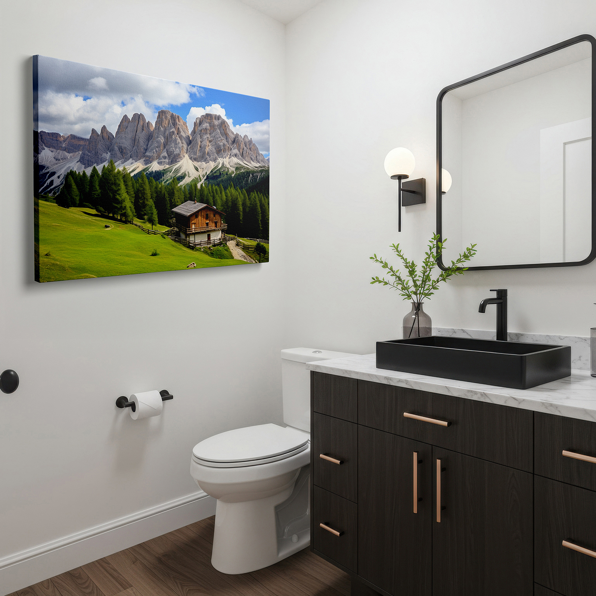 Side profile highlights a tightly wrapped canvas over a 3 cm deep stretcher — rustic cabin amidst lush meadows with majestic dolomite peaks - large wall art for office, bedroom, and living room decor