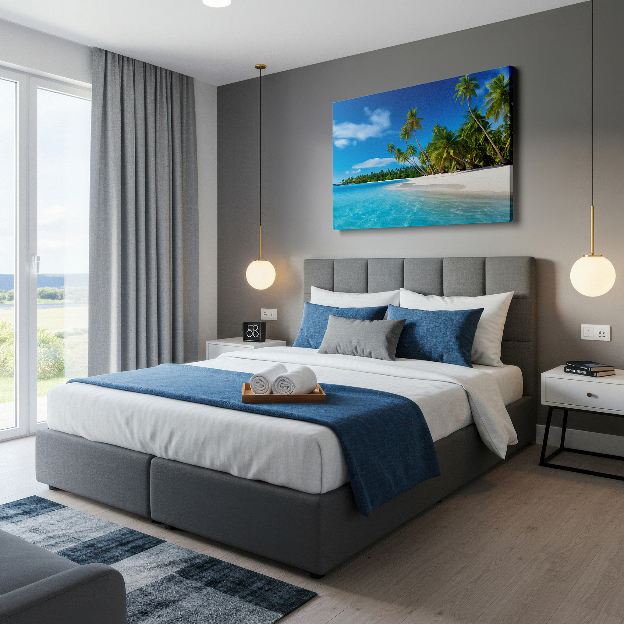 Side profile highlights a tightly wrapped canvas over a 3 cm deep stretcher — serene beach morning with golden sands and blue waters large wall art, canvas wall art, wall decor for office, bedroom, and living room