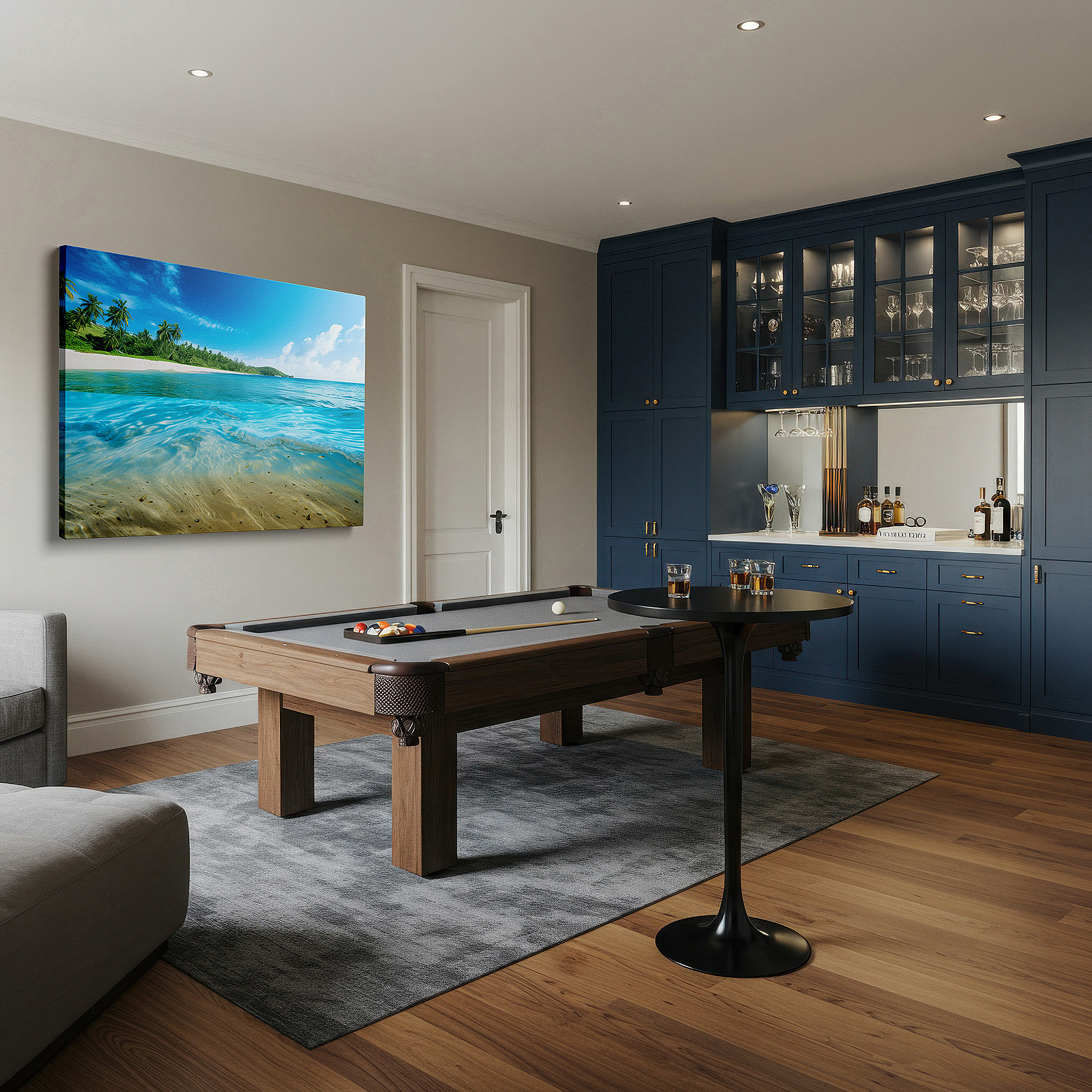 Side profile highlights a tightly wrapped canvas over a 3 cm deep stretcher — serene beach paradise with lush greenery and calm blue waters large wall art, canvas wall art, wall decor, office wall art
