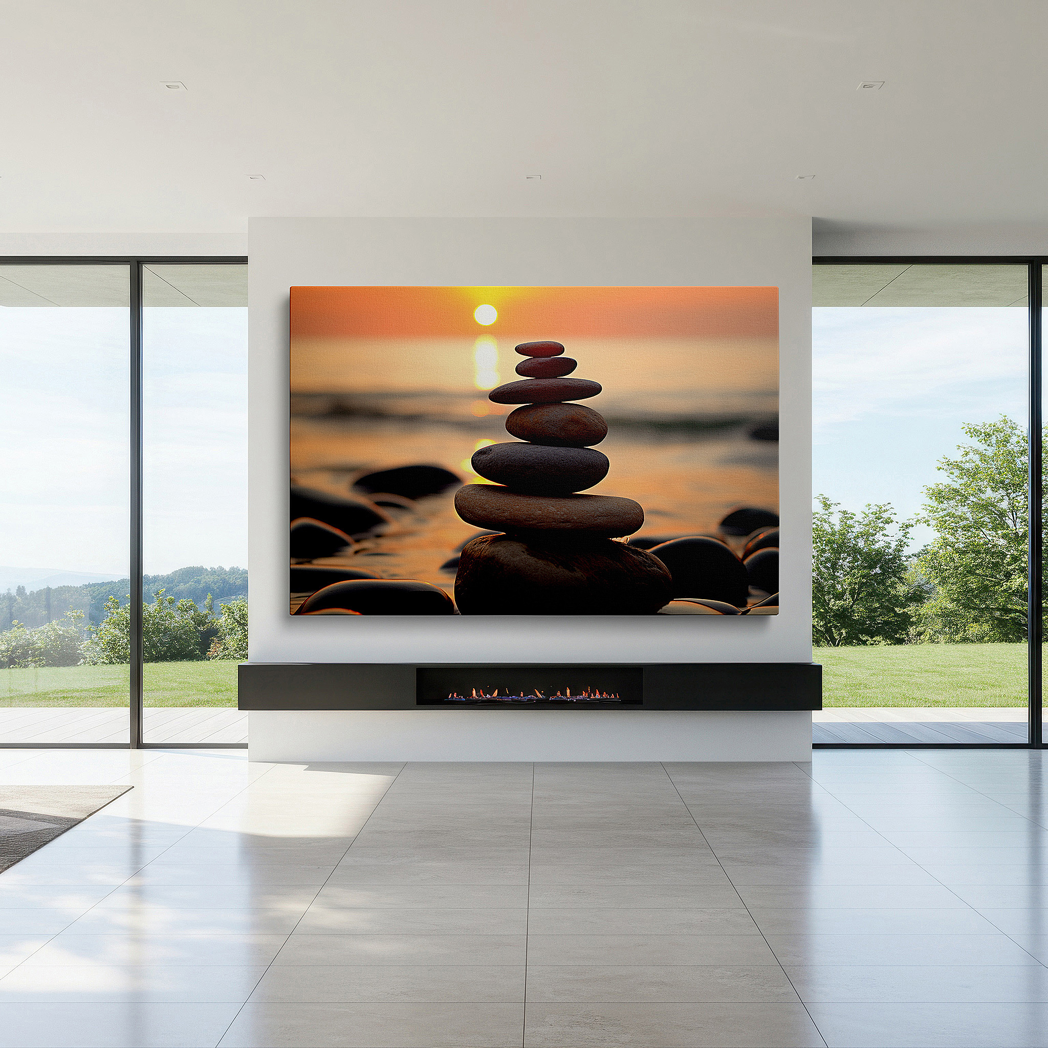 Side profile highlights a tightly wrapped canvas over a 3 cm deep stretcher — serene beach sunset and balanced stone stack canvas wall art for office, bedroom, and living room decor