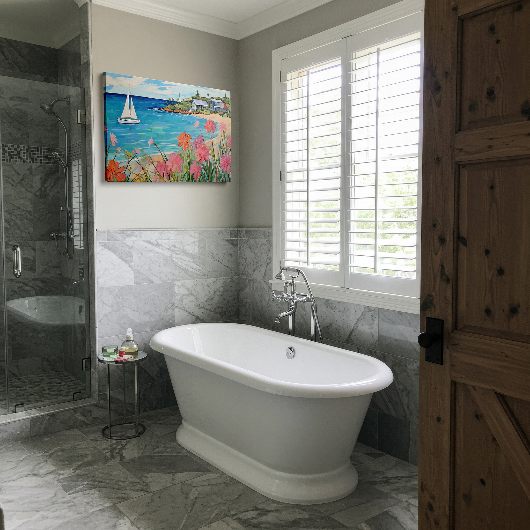 Side profile highlights a tightly wrapped canvas over a 3 cm deep stretcher — serene coastal retreat featuring sailboat and blossoming shoreline - large canvas wall art for office, bedroom, and living room decor