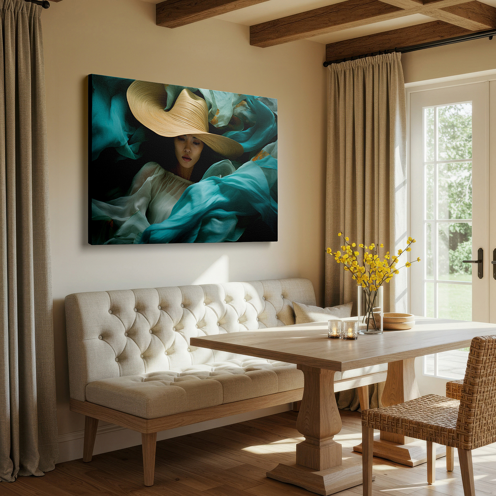Side profile highlights a tightly wrapped canvas over a 3 cm deep stretcher — serene elegance in green: tranquil woman and nature embrace - large canvas wall art for office, bedroom, and living room decor