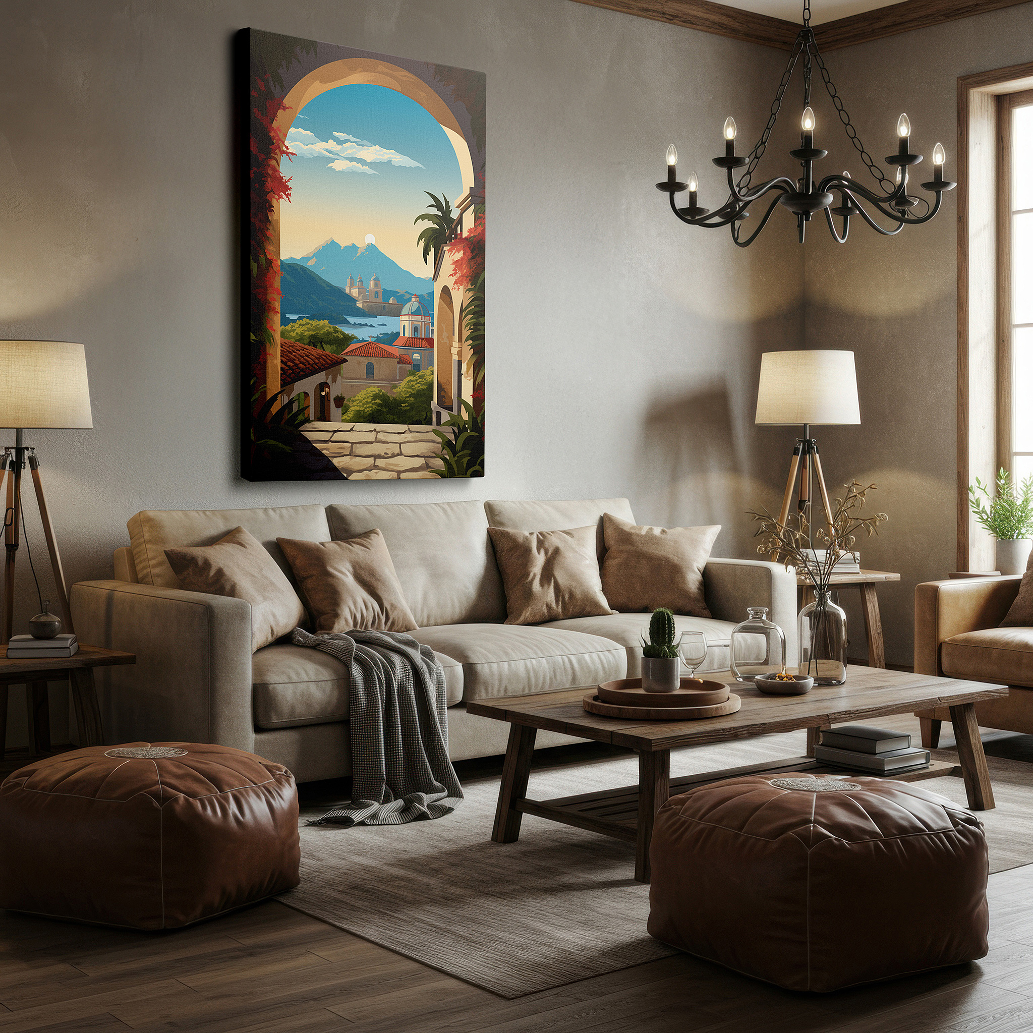 Side profile highlights a tightly wrapped canvas over a 3 cm deep stretcher — serene landscape viewed through a graceful arch, where nature and history blend peacefully - large wall art, canvas wall art, wall decor for office