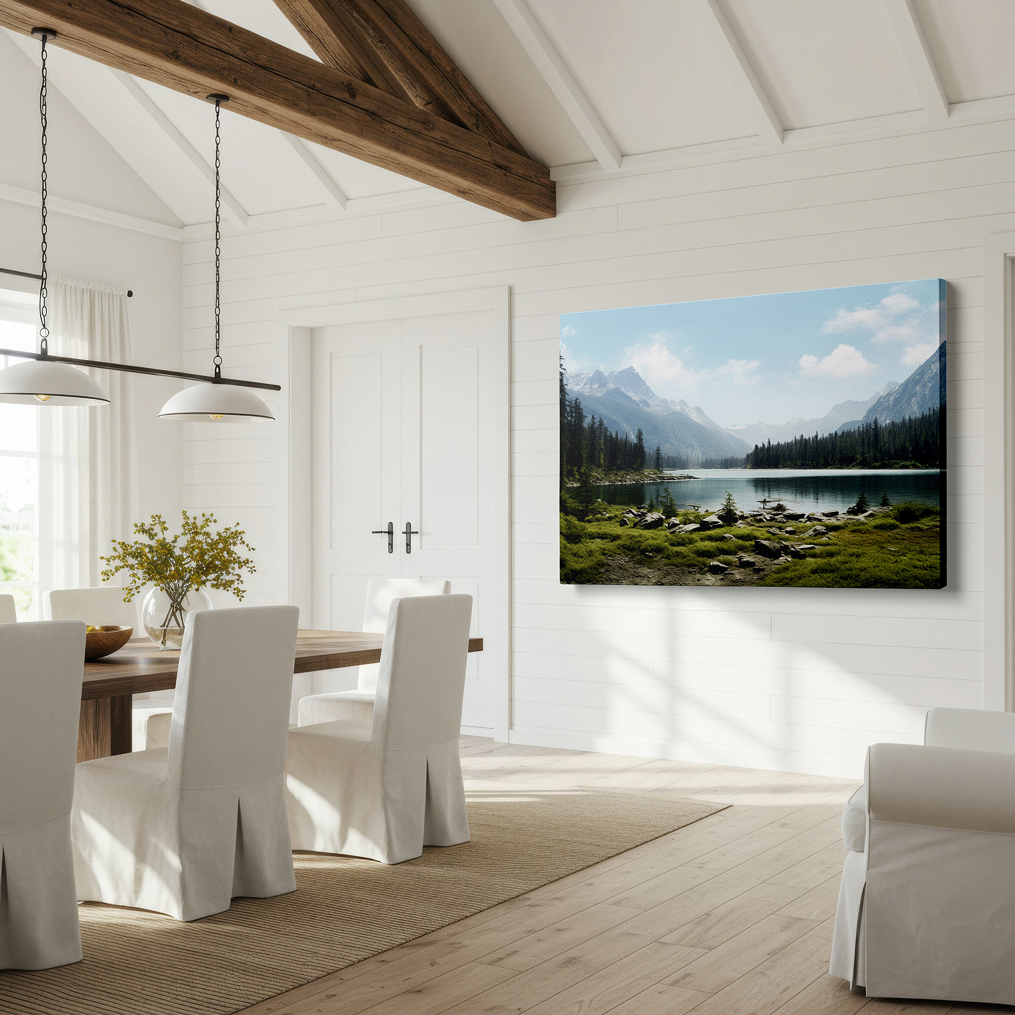 Side profile highlights a tightly wrapped canvas over a 3 cm deep stretcher — serene mountain lake reflections: tranquil wilderness gateway - large canvas wall art for office, bedroom, and living room decor