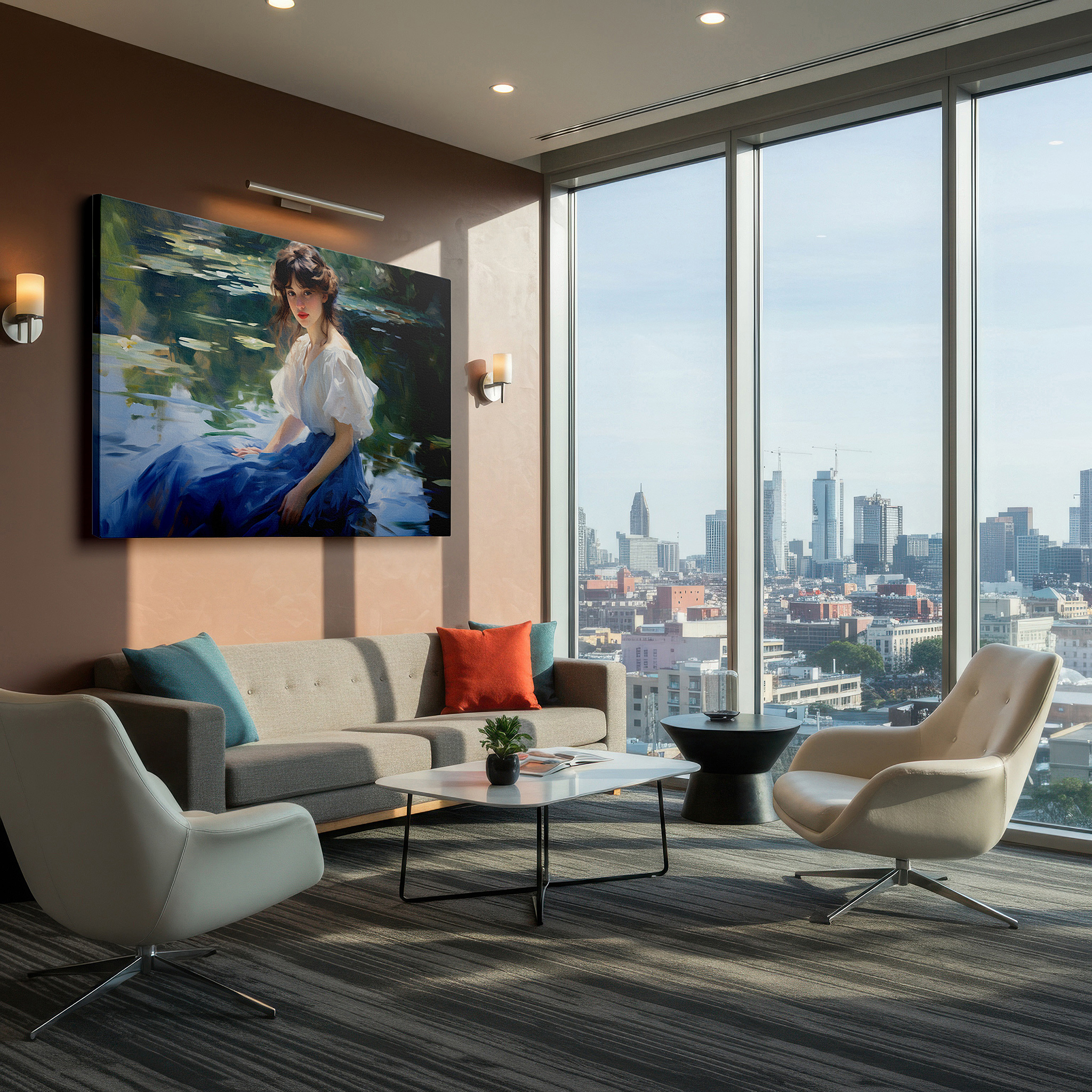 Side profile highlights a tightly wrapped canvas over a 3 cm deep stretcher — serene reflections of a young woman by a tranquil pond: large canvas wall art for office and bedroom decor