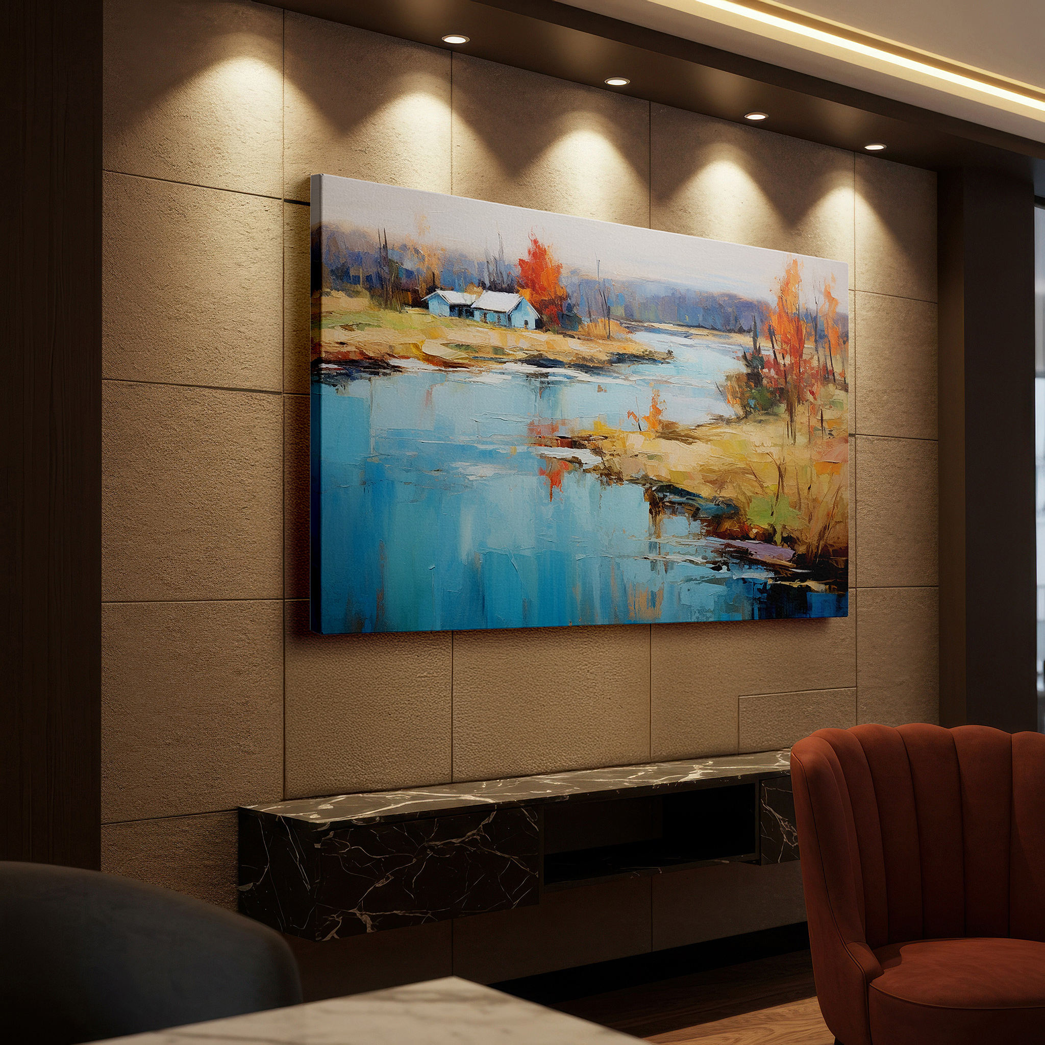 Side profile highlights a tightly wrapped canvas over a 3 cm deep stretcher — serene village scene with tranquil river and fiery autumn trees large canvas wall art for home and office decor
