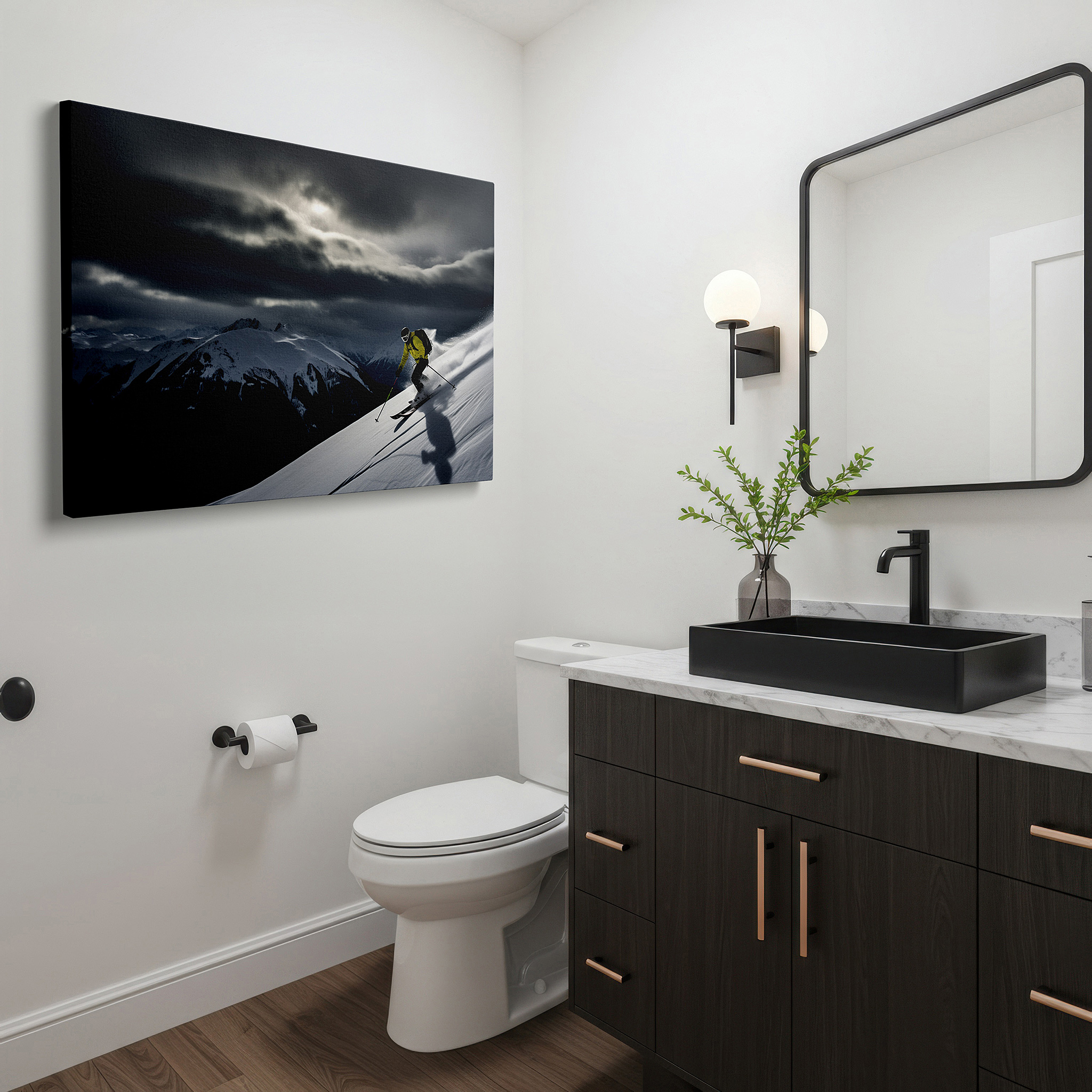Side profile highlights a tightly wrapped canvas over a 3 cm deep stretcher — skier in action with majestic mountains and dramatic skies: large canvas wall art for office, bedroom, and living room decor