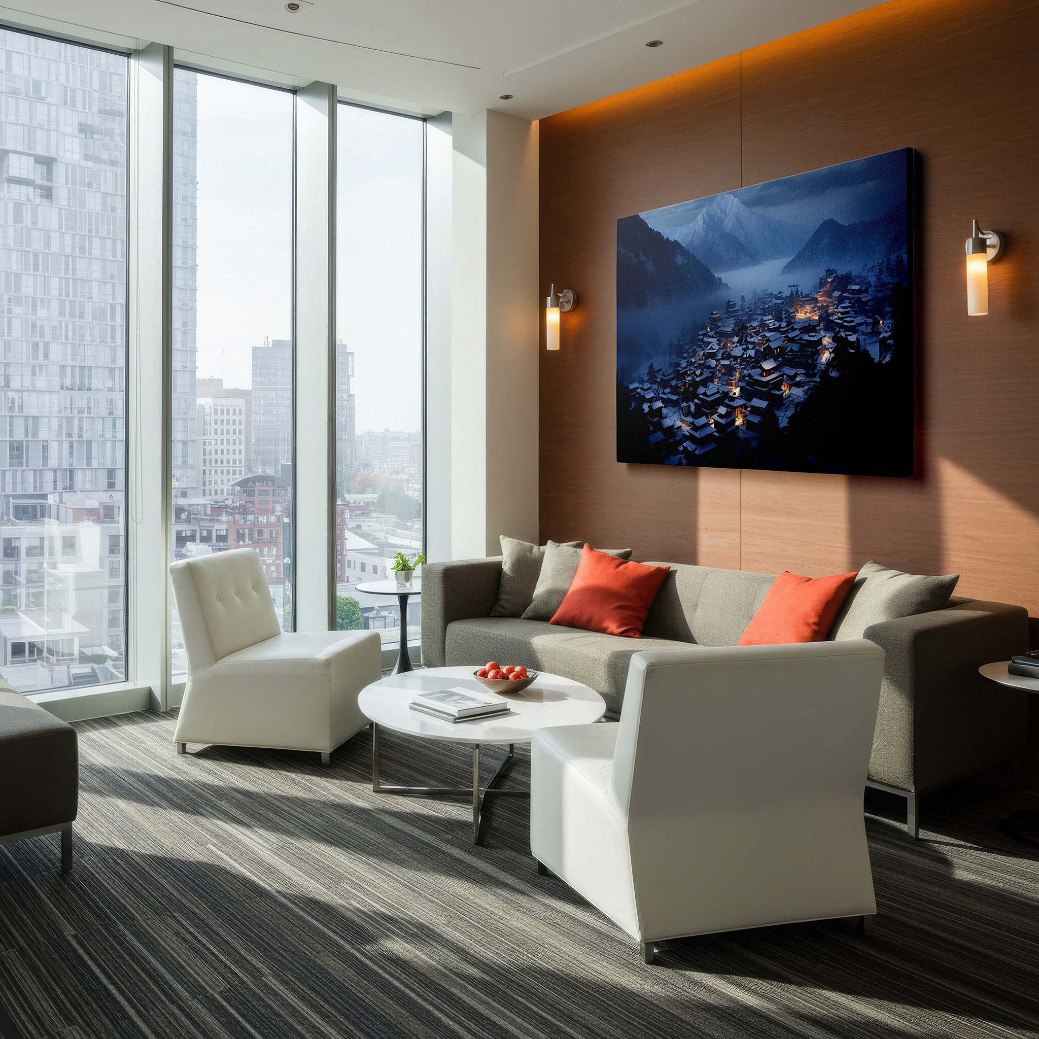 Side profile highlights a tightly wrapped canvas over a 3 cm deep stretcher — snowy serene mountain village, tranquil night with warm glowing lights, large canvas wall art for office and bedroom decor
