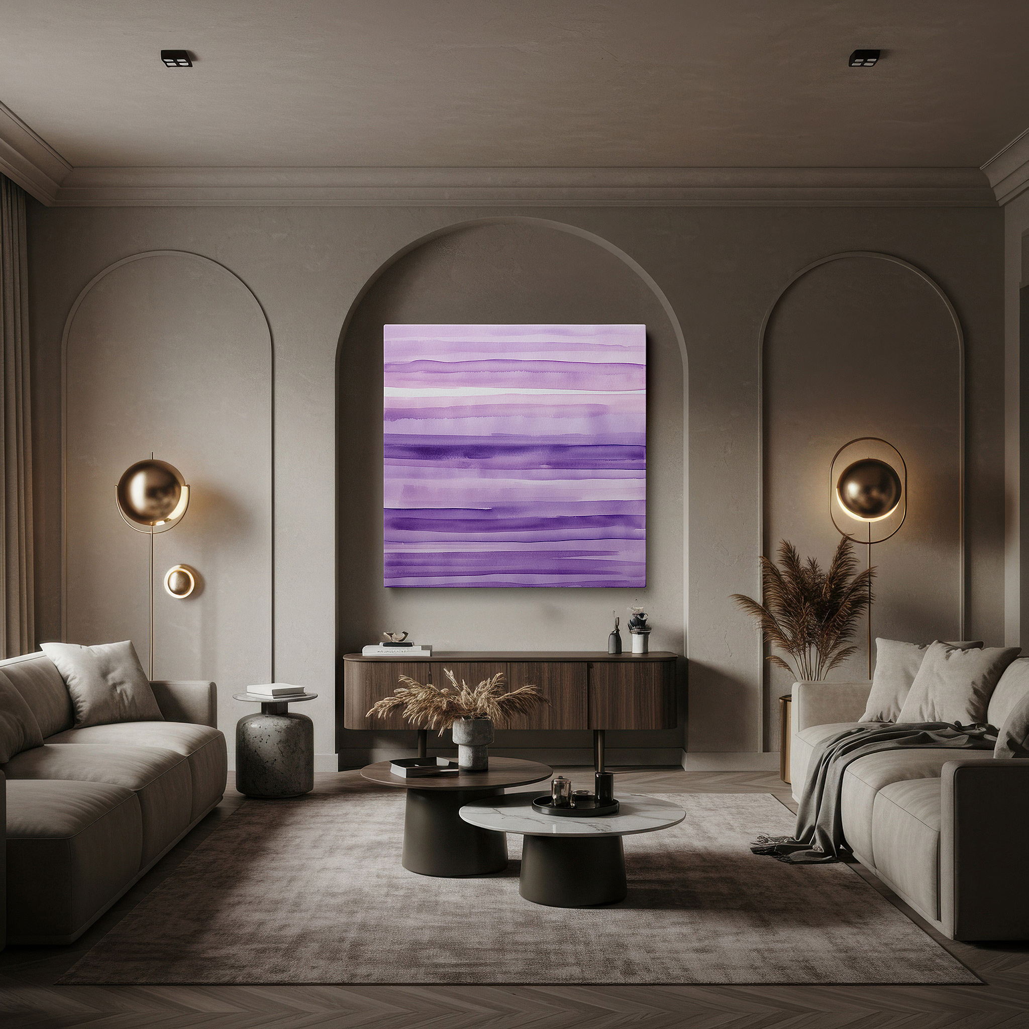 Side profile highlights a tightly wrapped canvas over a 3 cm deep stretcher — soft purple stripes: gateway to serenity - large canvas wall art for office, bedroom, and living room decor