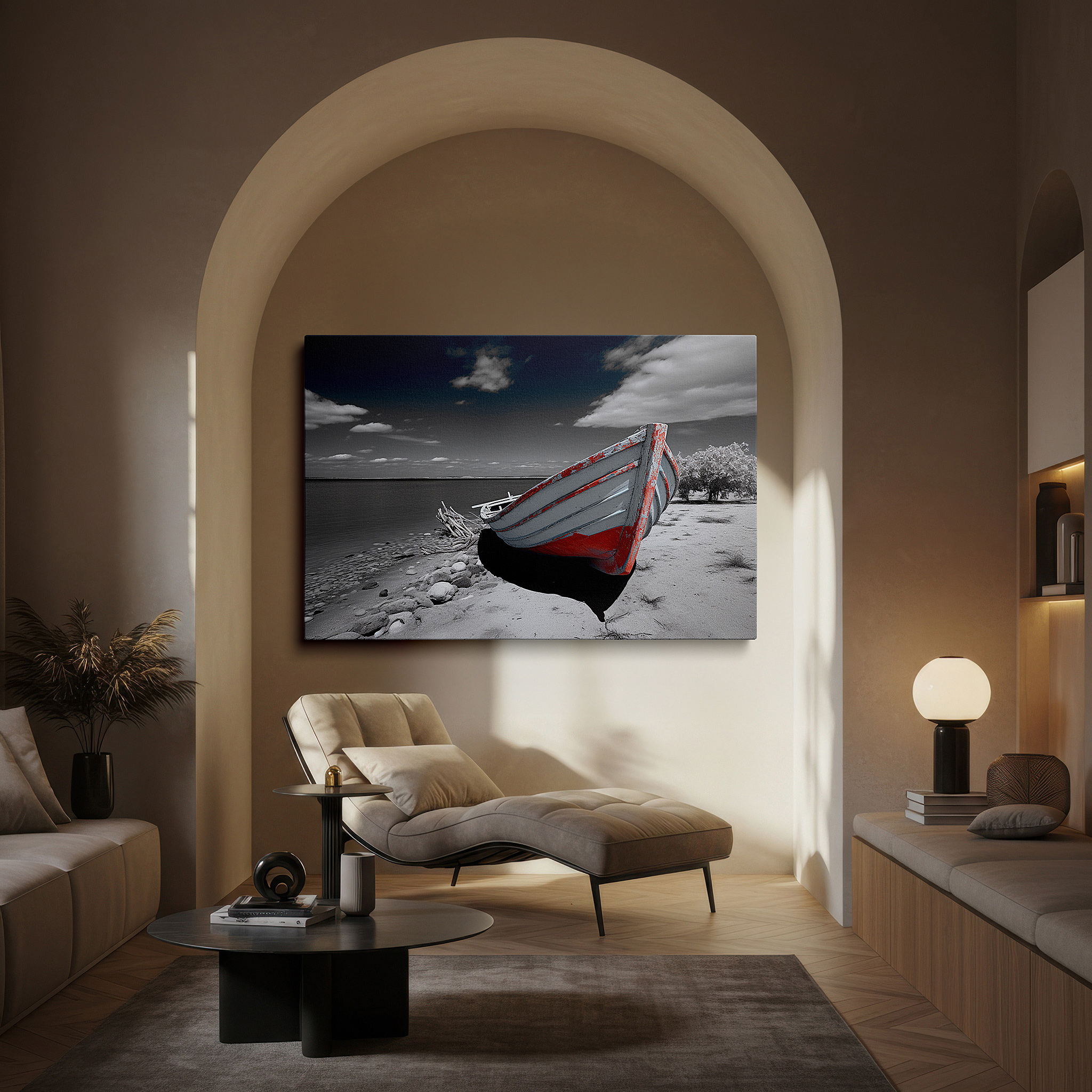 Side profile highlights a tightly wrapped canvas over a 3 cm deep stretcher — solitary boat on peaceful beach - embodying quiet abandonment and eternal solitude, large wall art, canvas wall art, wall decor for office