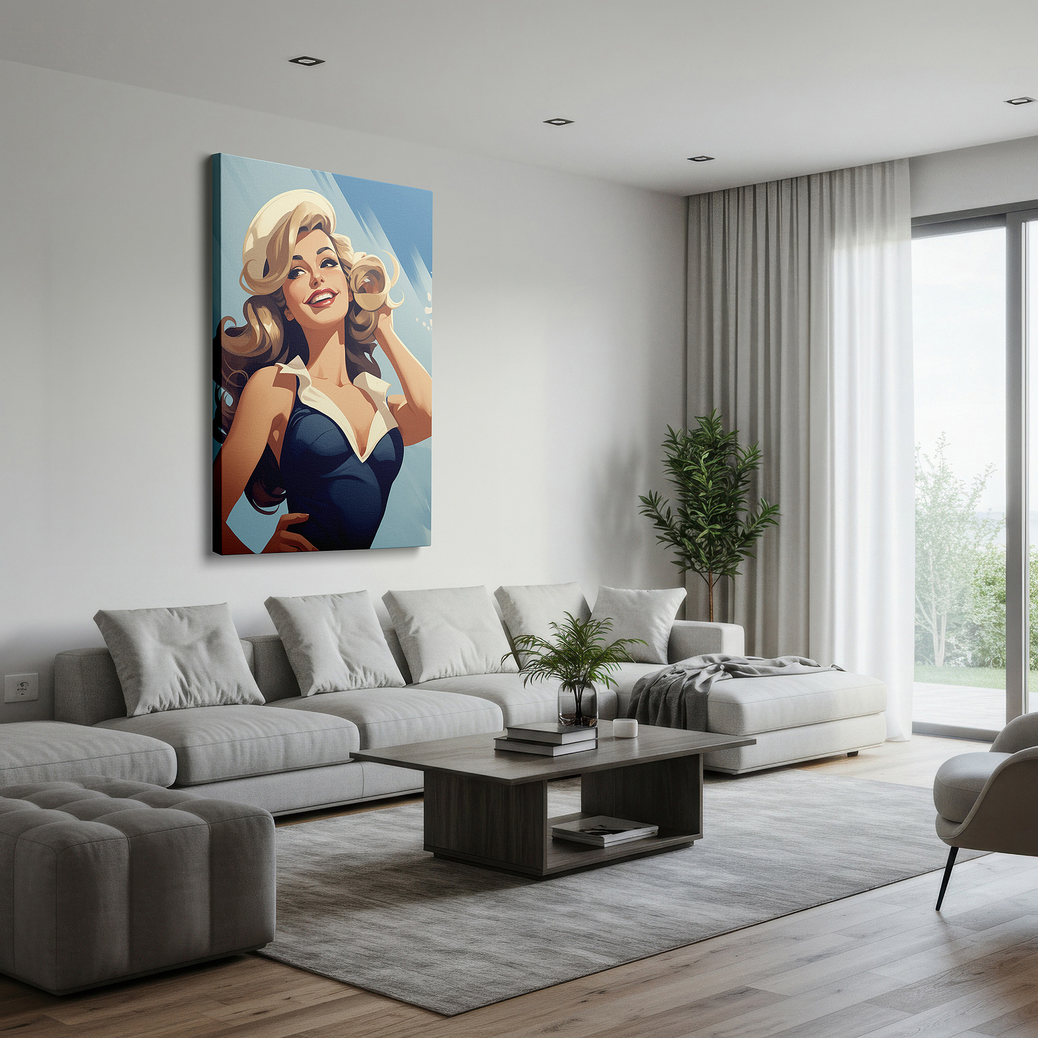 Side profile highlights a tightly wrapped canvas over a 3 cm deep stretcher — summer glamour by the sea: radiant retro-style woman large wall art, canvas decor for office and bedroom