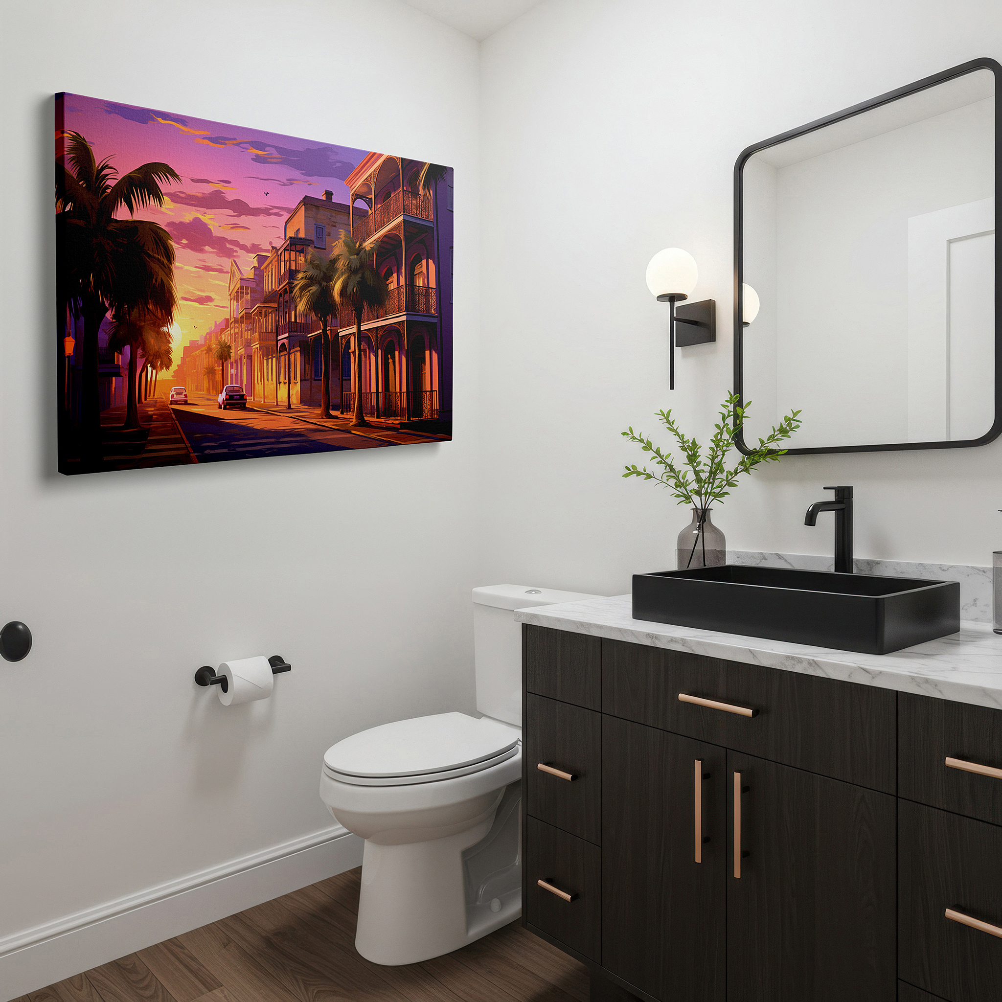Side profile highlights a tightly wrapped canvas over a 3 cm deep stretcher — sunset glow over a historic southern coastal town, serene street scene with tropical flair, large canvas wall art for office decor