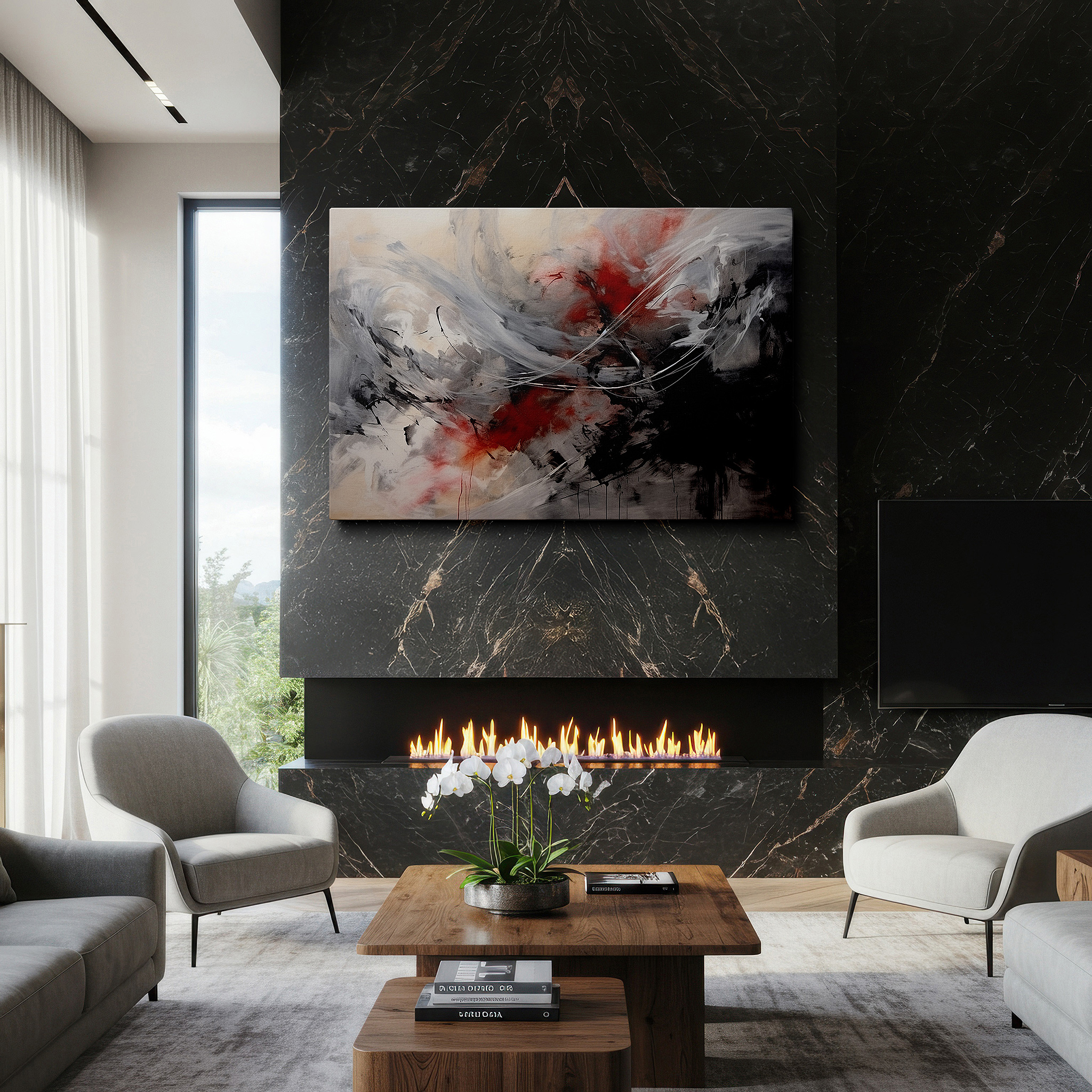 Side profile highlights a tightly wrapped canvas over a 3 cm deep stretcher — swirling chaos and passion: large wall art in reds, blacks, and whites for office, bedroom, and living room decor