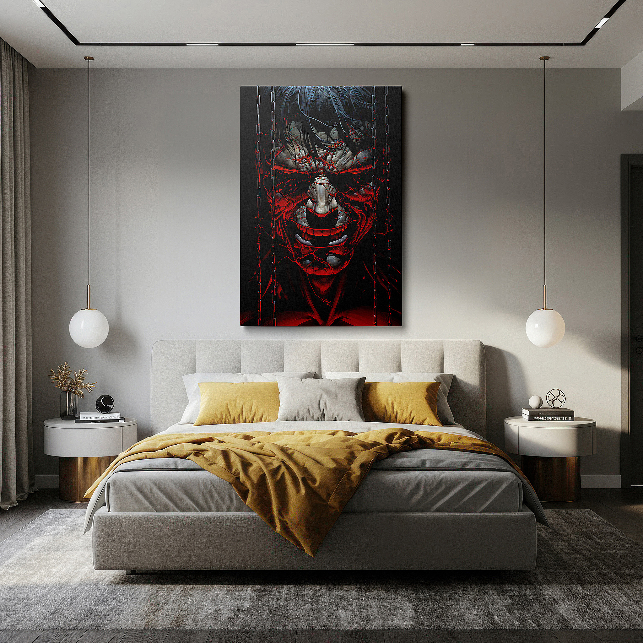Side profile highlights a tightly wrapped canvas over a 3 cm deep stretcher — tormented soul bound by chains of despair in a stark landscape: large canvas wall art for office and bedroom decor