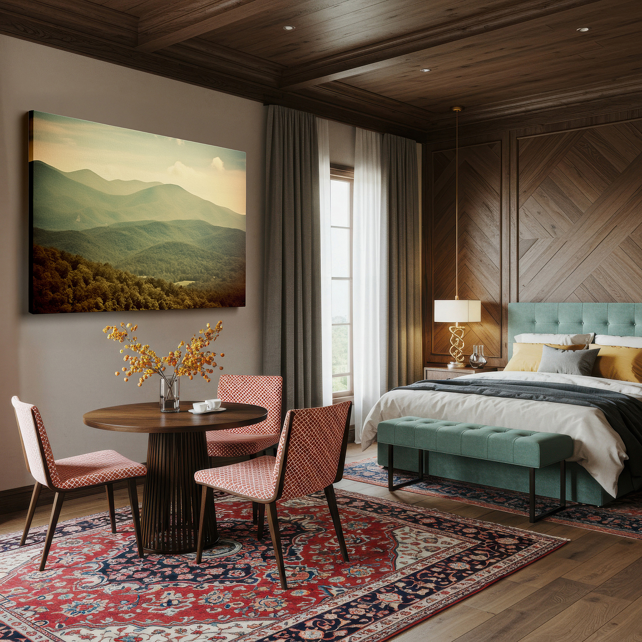 Side profile highlights a tightly wrapped canvas over a 3 cm deep stretcher — tranquil landscape with rolling mountains under a soft, muted sky, large canvas wall art, peaceful natural beauty wall decor