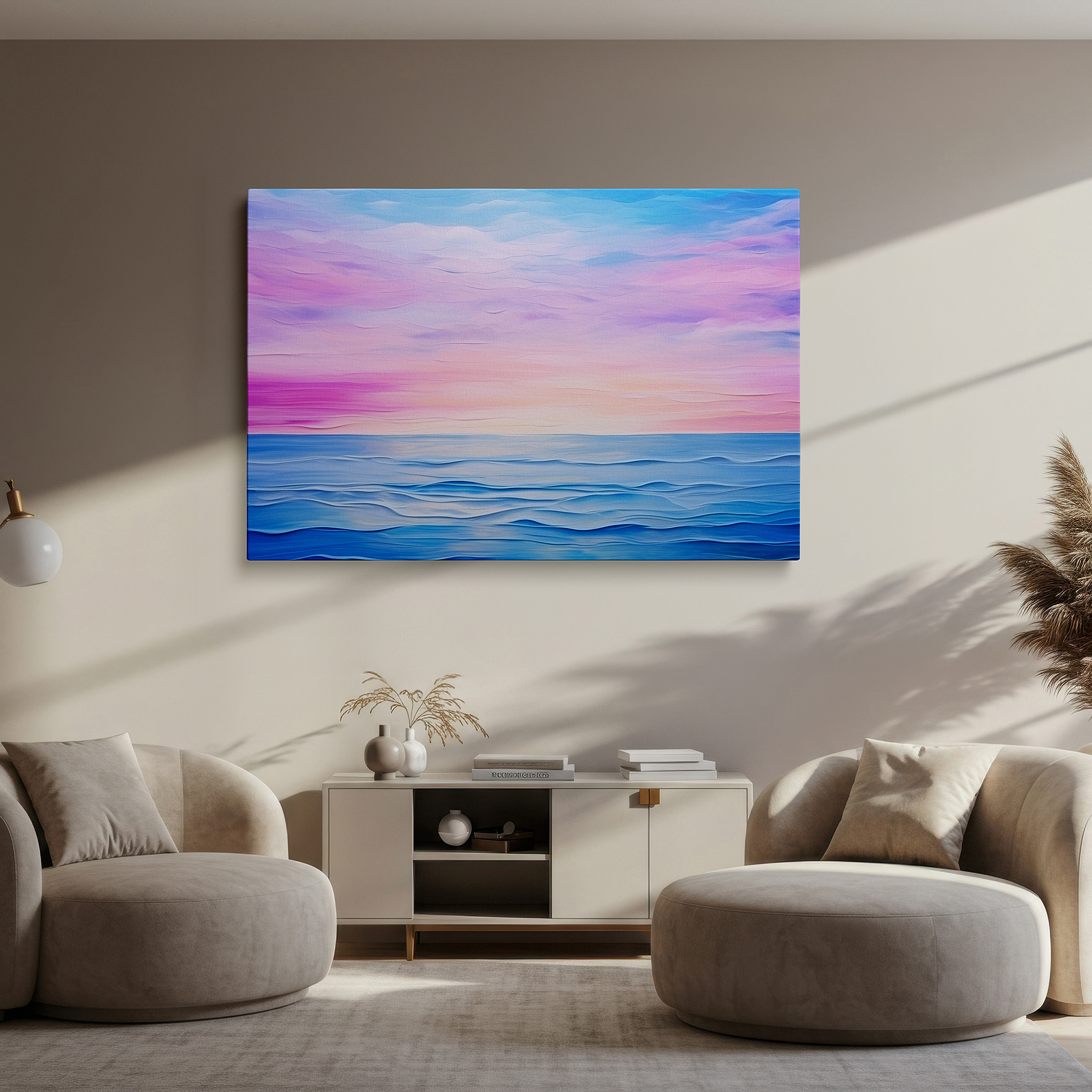 Side profile highlights a tightly wrapped canvas over a 3 cm deep stretcher — tranquil seascape at dusk: large canvas wall art featuring gentle waves and pastel hues, perfect for office, bedroom, or living room decor