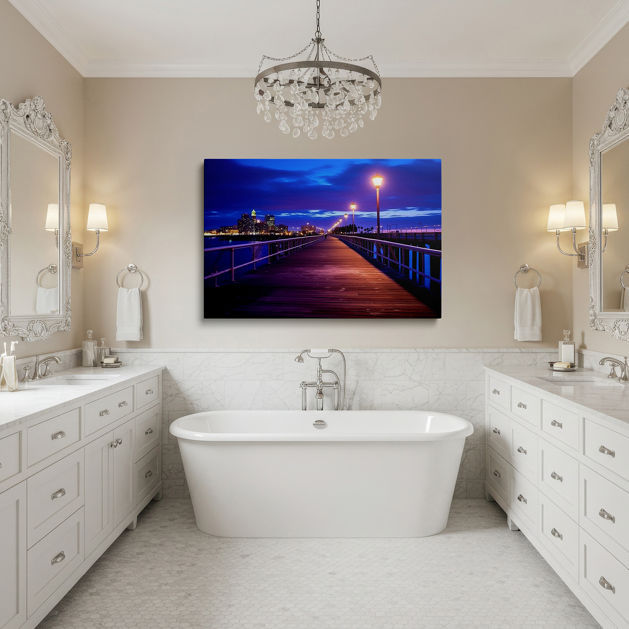 Side profile highlights a tightly wrapped canvas over a 3 cm deep stretcher — twilight pier and city lights - a harmonious mix of natural and urban beauty large wall art, canvas wall art, wall decor, office wall art
