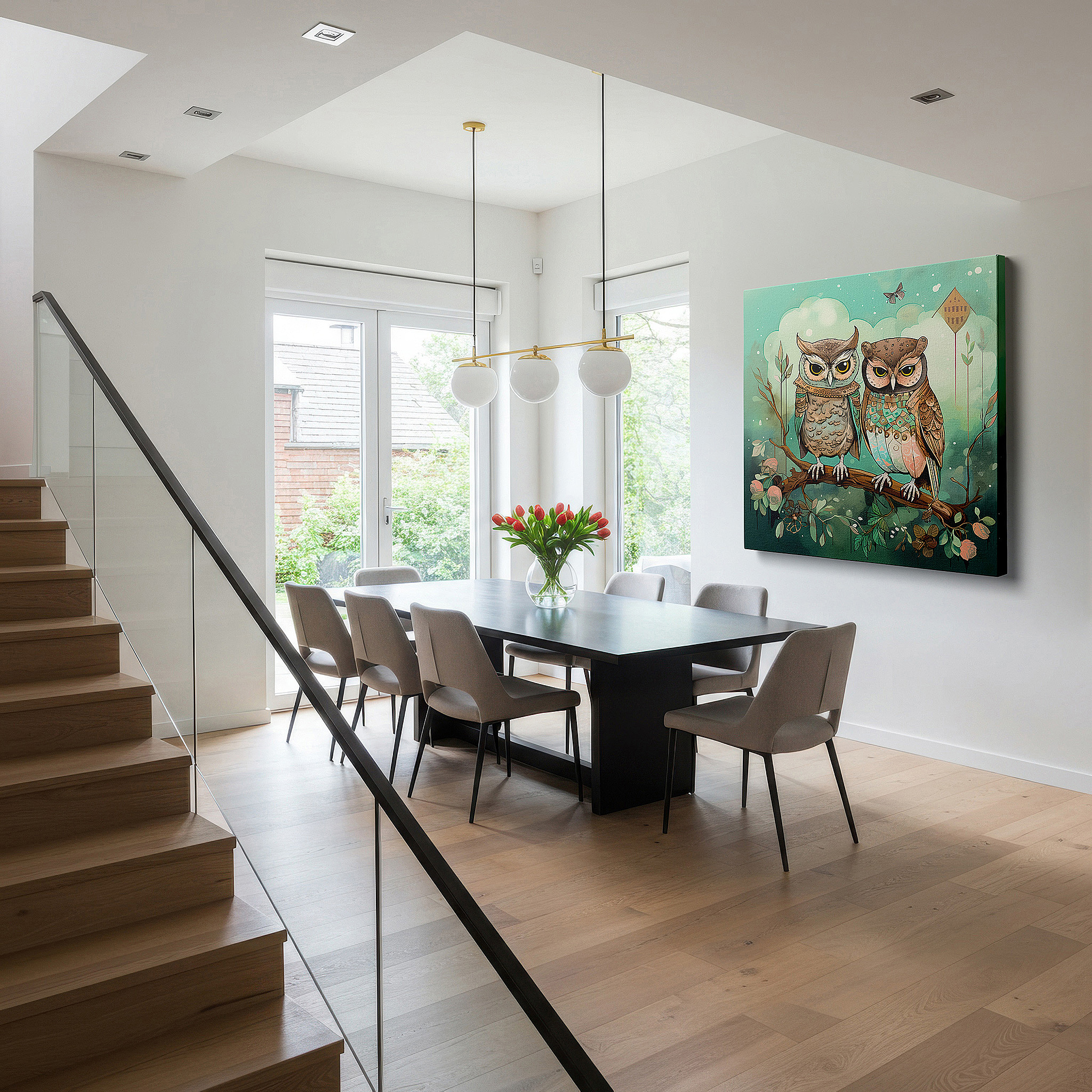 Side profile highlights a tightly wrapped canvas over a 3 cm deep stretcher — twin owls on a twisted branch wall art: a warm and wise tapestry in the glow of dusk - large canvas wall art for home and office decor