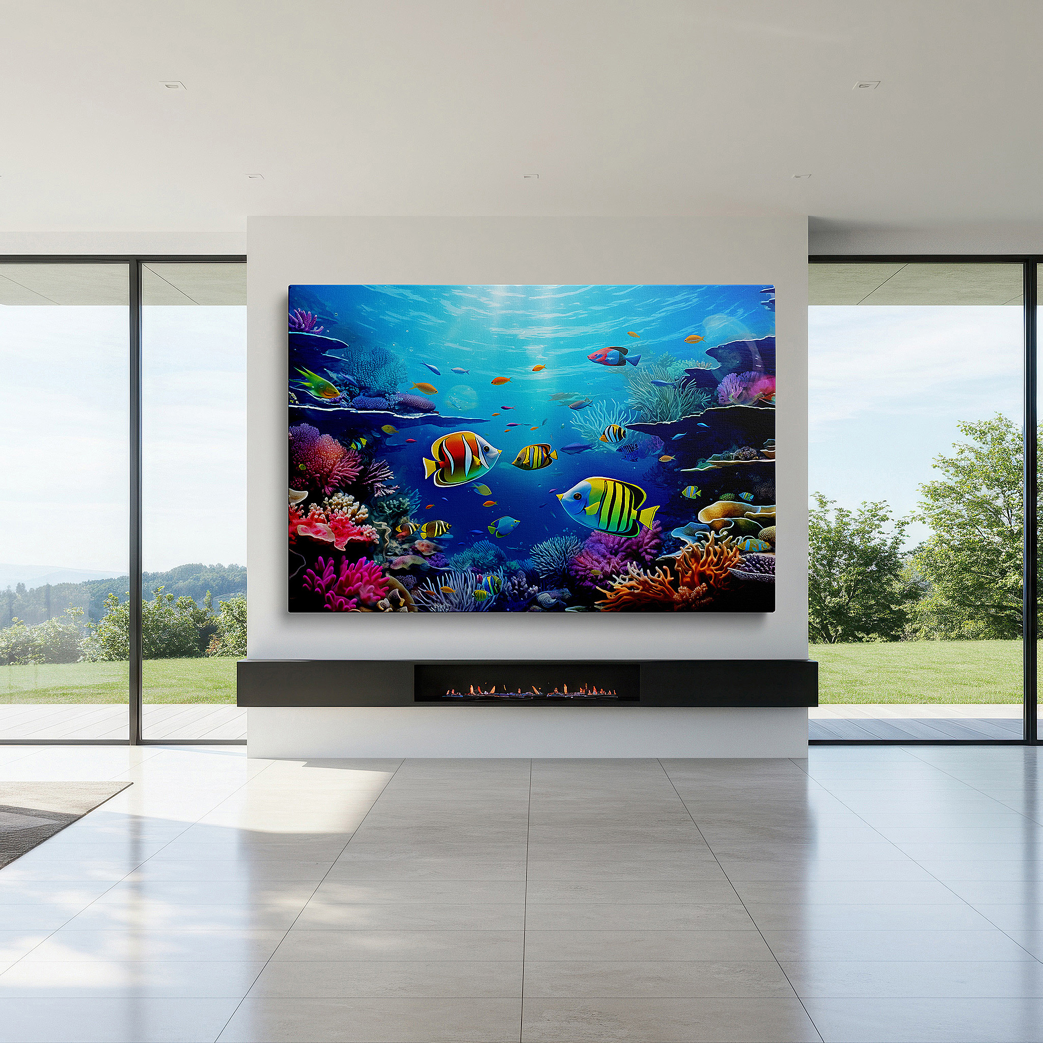 Side profile highlights a tightly wrapped canvas over a 3 cm deep stretcher — underwater coral reef diversity large wall art - vibrant canvas decor for office, bedroom, and living room