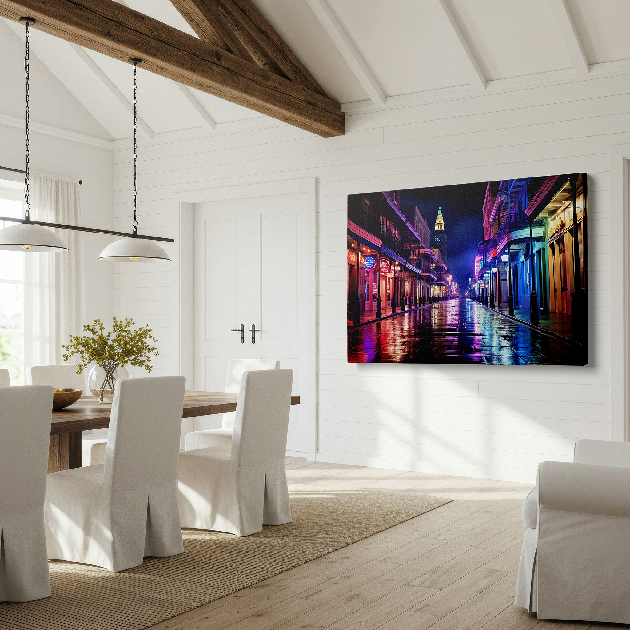 Side profile highlights a tightly wrapped canvas over a 3 cm deep stretcher — urban nights neon glow - rain-slicked streets vibrant with city life large wall art, canvas wall art, wall decor for office and bedroom