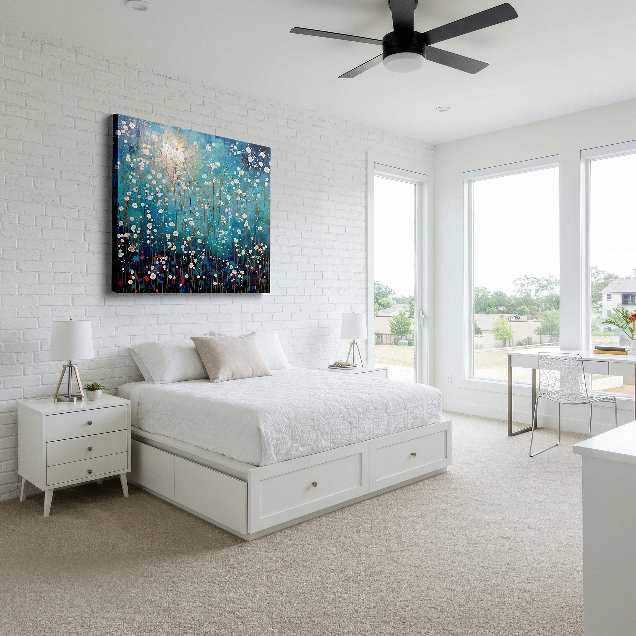 Side profile highlights a tightly wrapped canvas over a 3 cm deep stretcher — vibrant night garden: celestial blooms and abstract florals in large wall art, canvas wall art, wall decor for office and bedroom