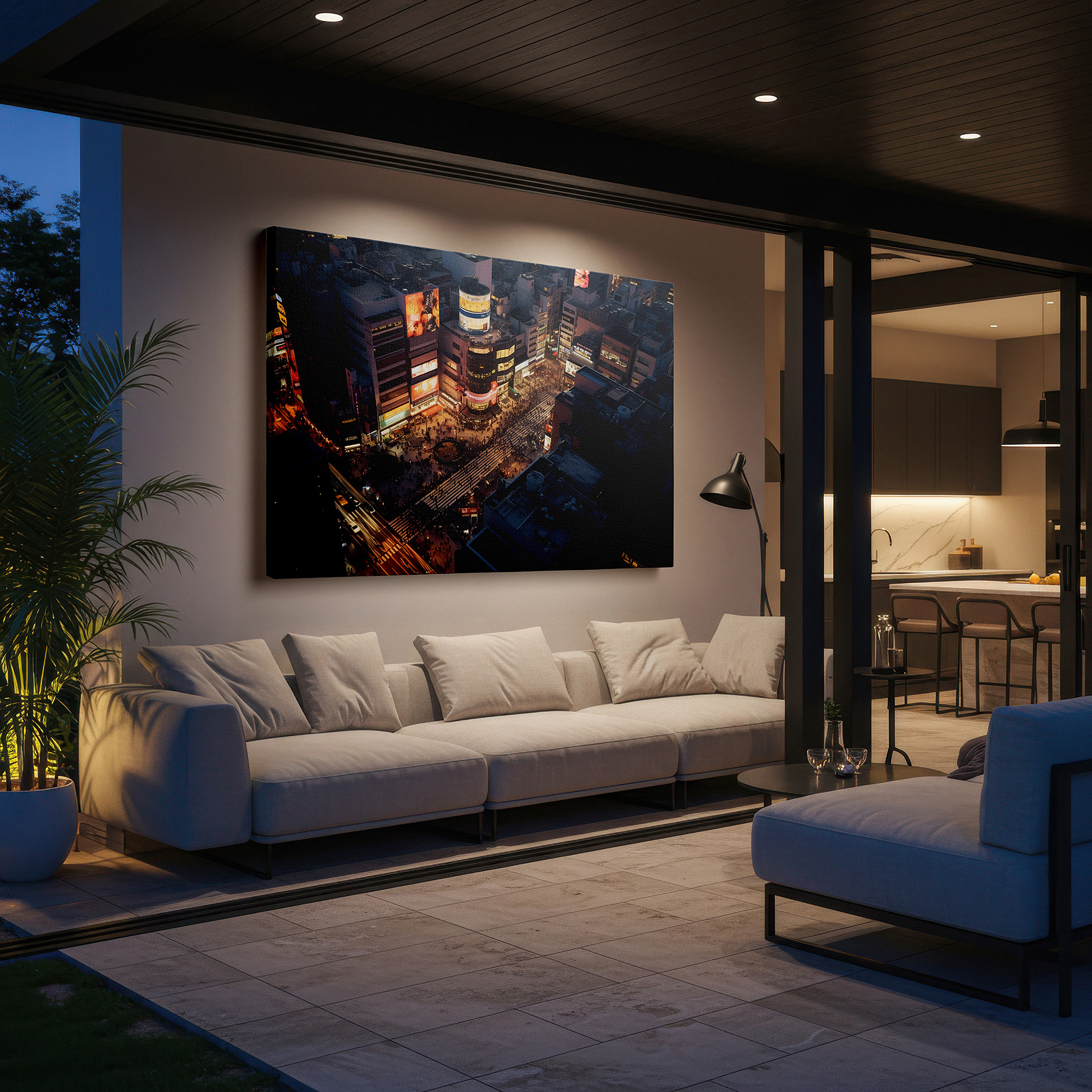 Side profile highlights a tightly wrapped canvas over a 3 cm deep stretcher — vibrant urban intersection at night - a symphony of lights and life: large wall art, canvas, decor for office and bedroom