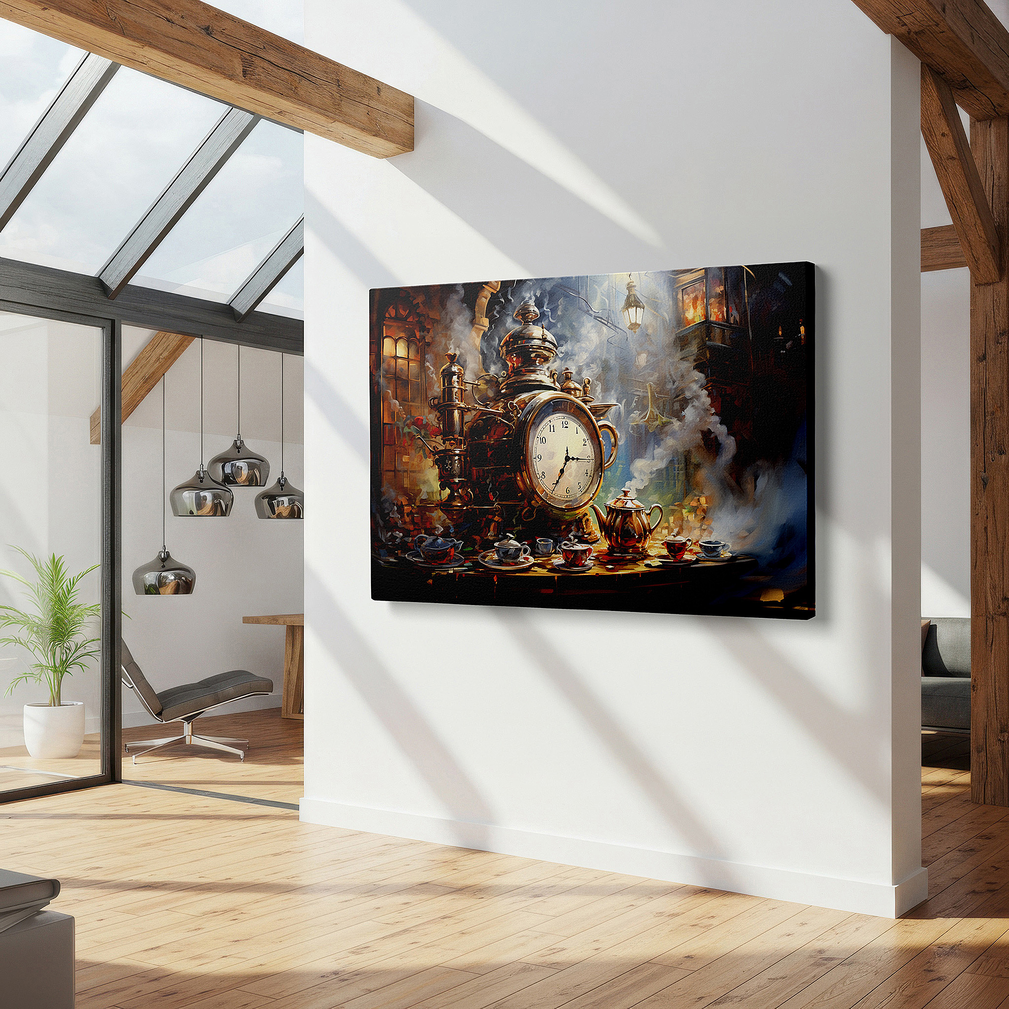 Side profile highlights a tightly wrapped canvas over a 3 cm deep stretcher — victorian still life wall art: featuring a steam clock and tea set - large canvas art for home and office decor, perfect for living room and bedroom