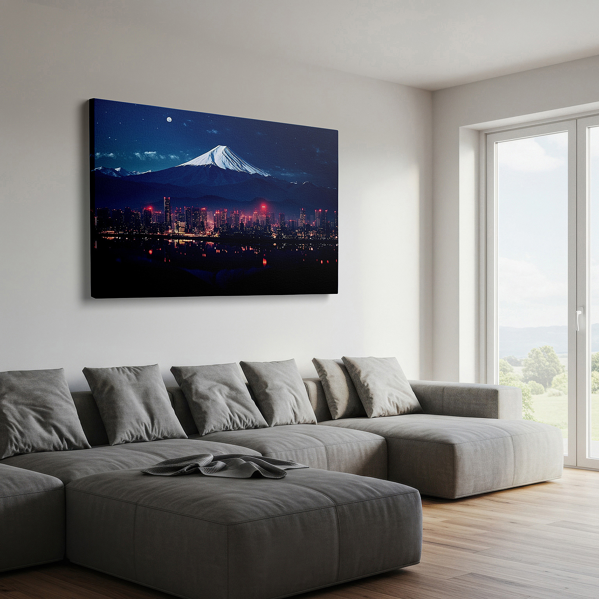 Side profile highlights a tightly wrapped canvas over a 3 cm deep stretcher — wall art: majestic mount fuji under moonlit skies amidst urban lights - large canvas wall art for office, bedroom, and living room decor