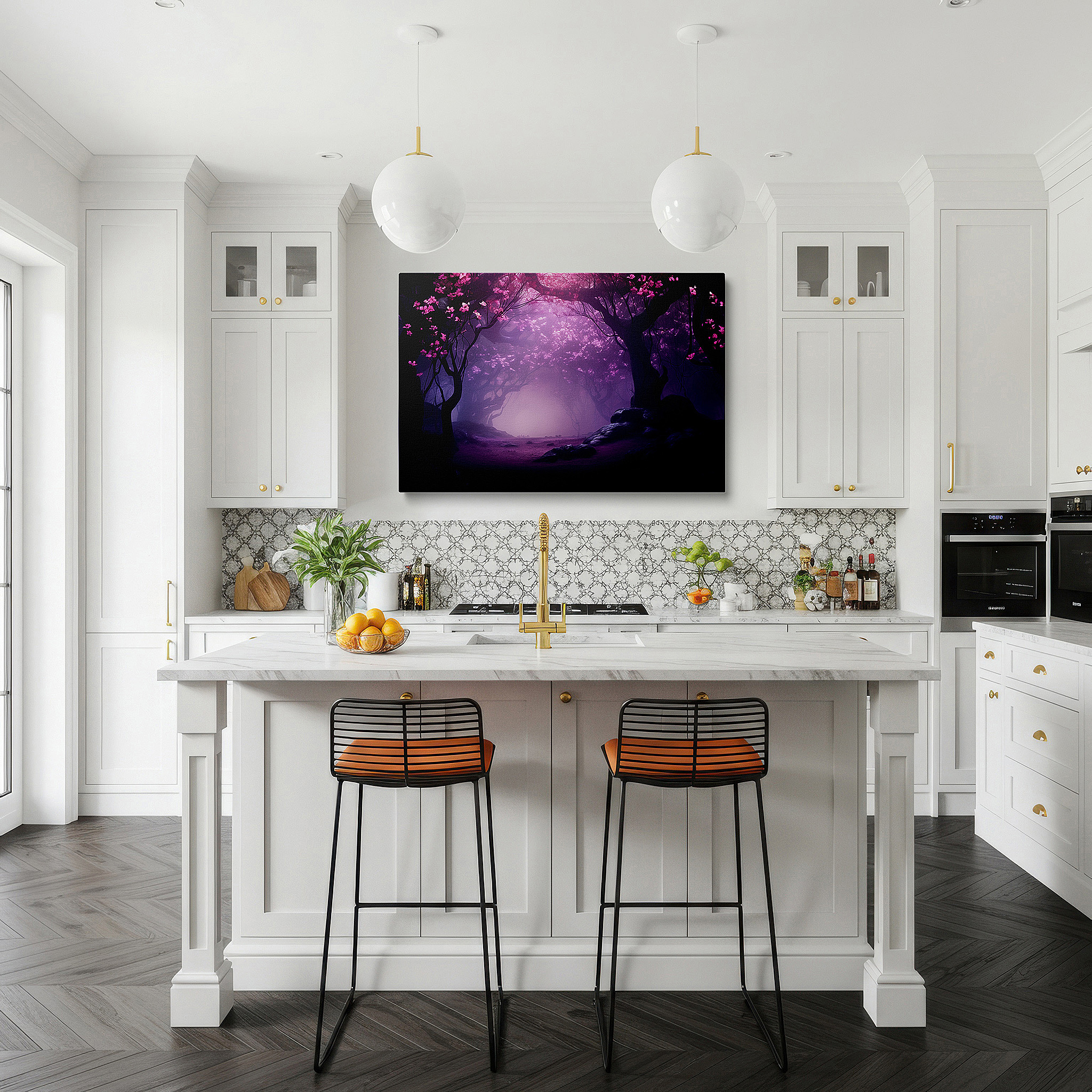 Side profile highlights a tightly wrapped canvas over a 3 cm deep stretcher — wall art: serene misty forest and blossoming cherry trees - discover the quiet whispers of nature with this large canvas wall art for home and office decor
