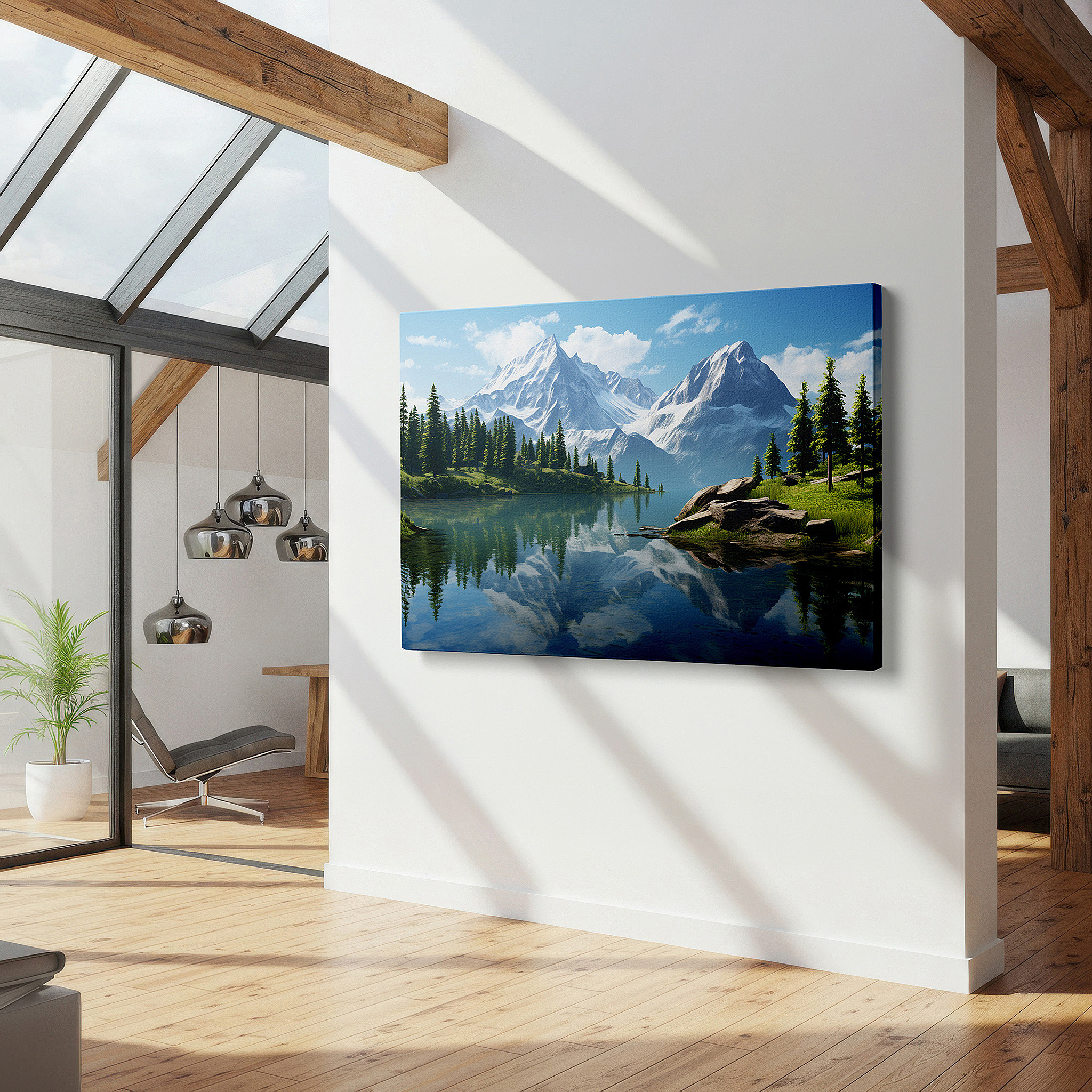 Side profile highlights a tightly wrapped canvas over a 3 cm deep stretcher — wall art: serene mountain and lake reflections - a peaceful retreat for nature enthusiasts. large canvas wall art for home and office decor.