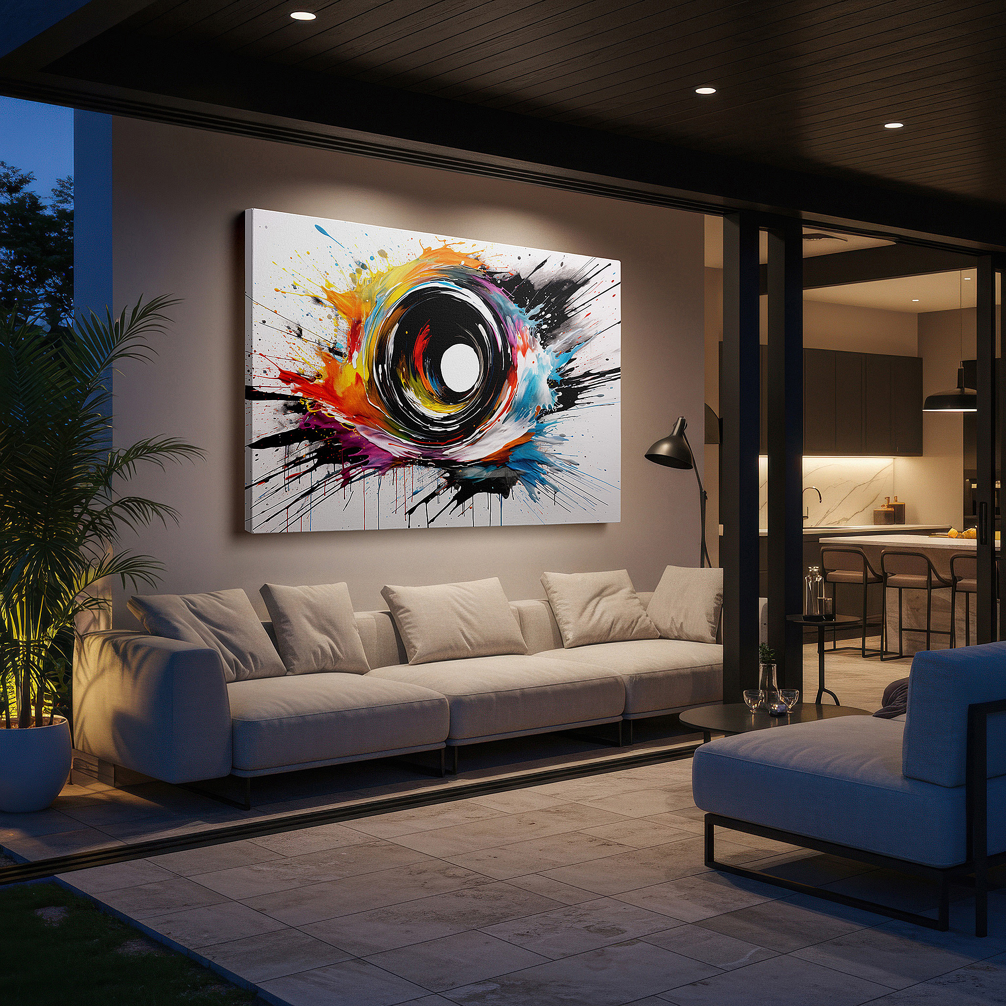 Side profile highlights a tightly wrapped canvas over a 3 cm deep stretcher — wall art: a striking spiral in fiery reds and cool blues, representing creativity and transformation - large canvas wall art for home and office decor