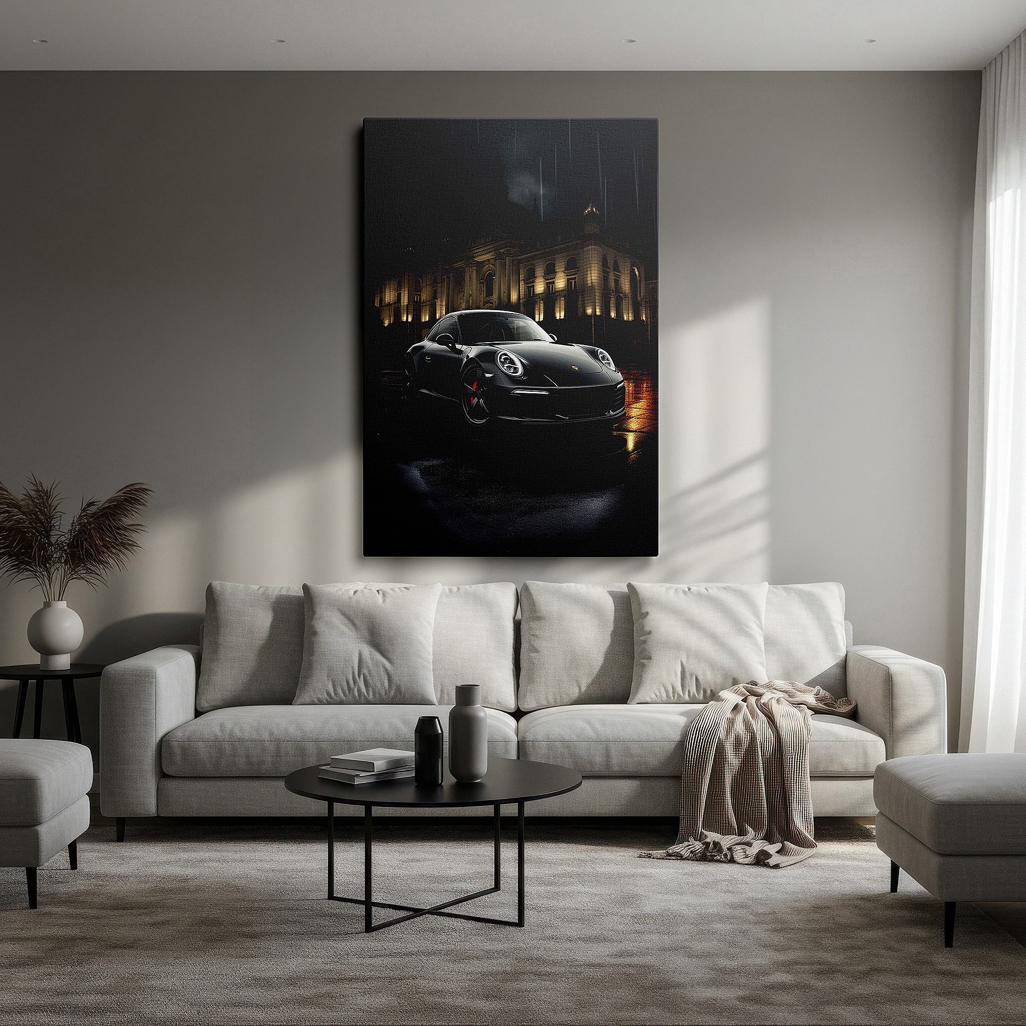 Side profile highlights a tightly wrapped canvas over a 3 cm deep stretcher — wall art: stunning porsche 911 in rain with vibrant city lights and historical grandeur - large canvas wall art for office decor