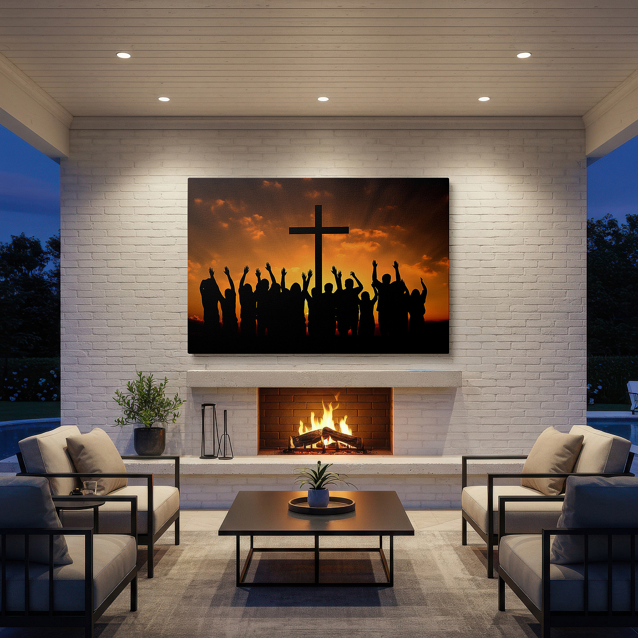 Side profile highlights a tightly wrapped canvas over a 3 cm deep stretcher — wall art: "sunset of hope and unity" featuring silhouetted figures around a cross - large canvas wall art for office and bedroom decor