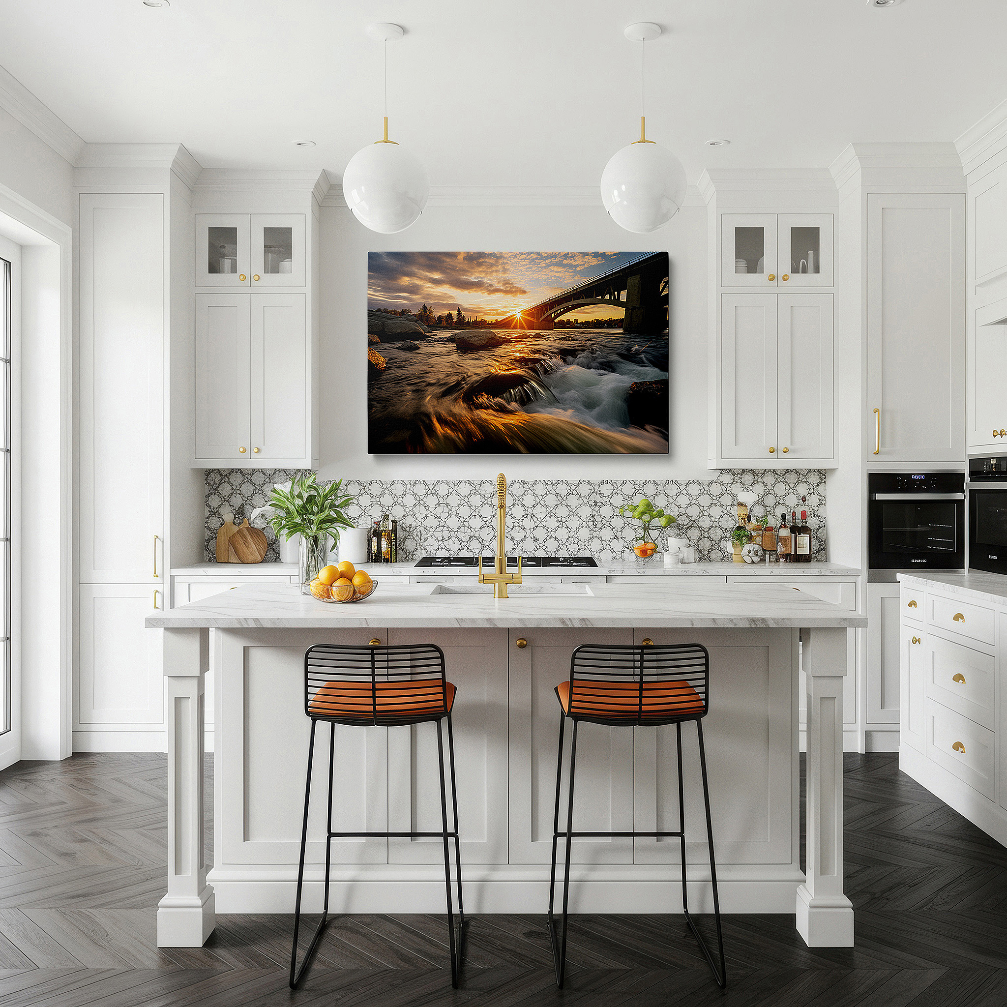 Side profile highlights a tightly wrapped canvas over a 3 cm deep stretcher — wall art: sunset through bridge arches over river - a fusion of nature's beauty and architectural brilliance, large canvas wall art for office decor