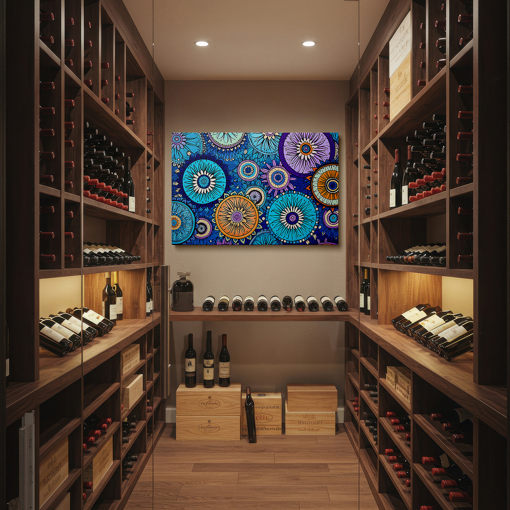Side profile highlights a tightly wrapped canvas over a 3 cm deep stretcher — wall decor: vibrant circular designs blending geometric sharpness with floral grace - ideal for office, bedroom, and living spaces
