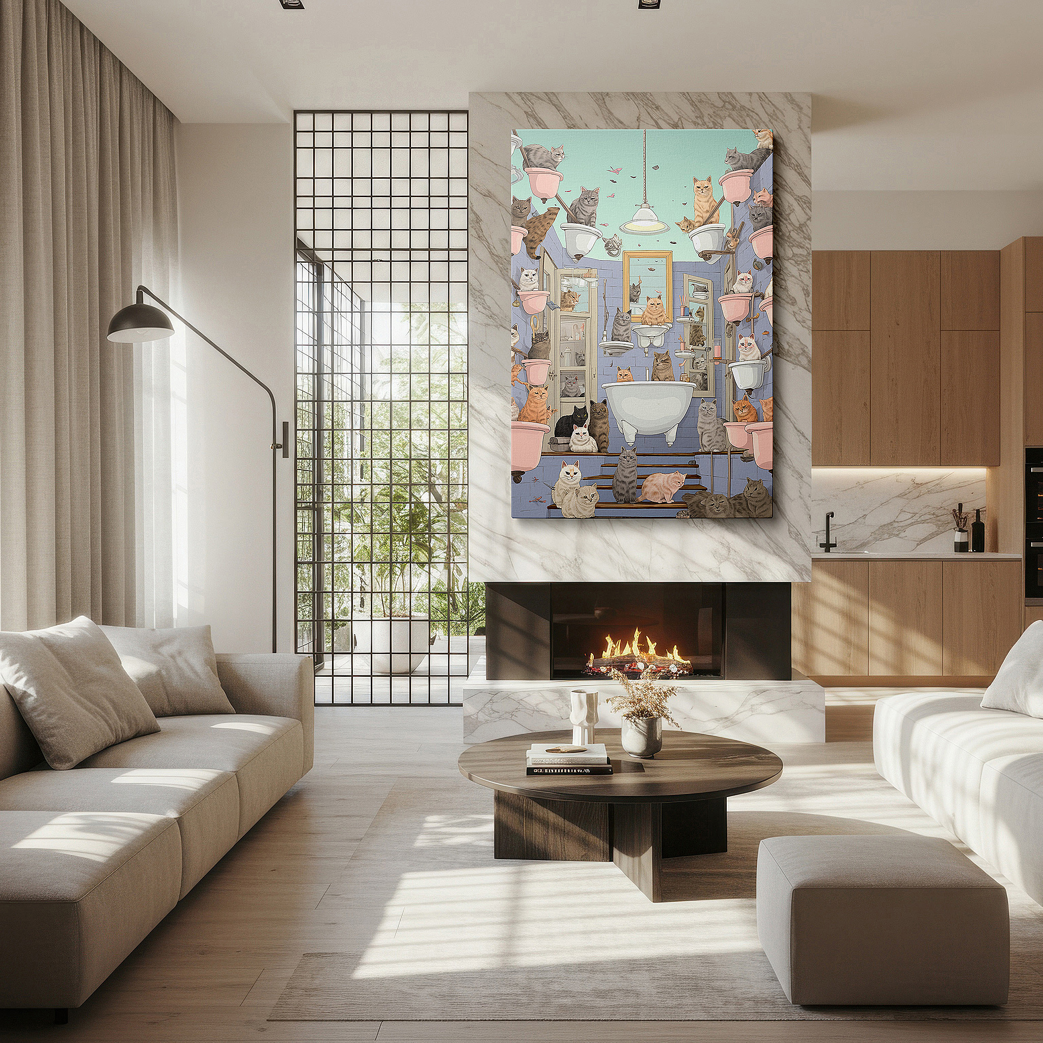 Side profile highlights a tightly wrapped canvas over a 3 cm deep stretcher — whimsical cats causing mischief in a messy bathroom: lively and playful large wall art, canvas wall art, wall decor for office