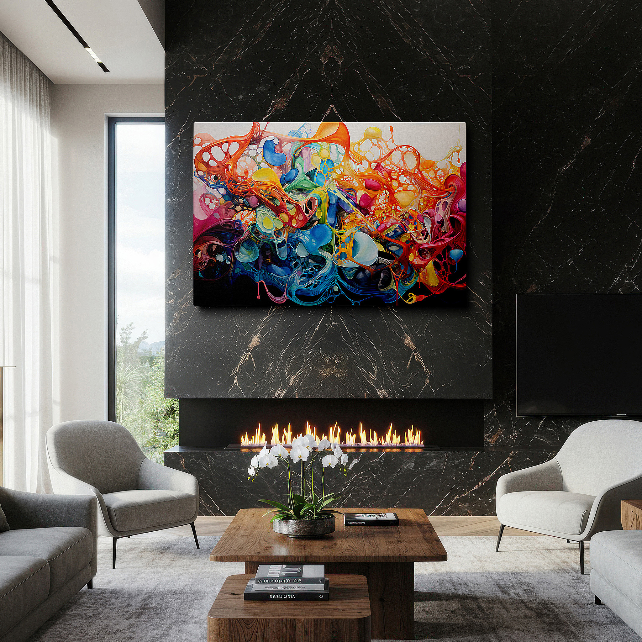 At 60×40 cm, this format fits effortlessly over dressers or benches — abstract expressionist symphony of colors, large wall art depicting human emotions with electric blues, fiery reds, and radiant yellows