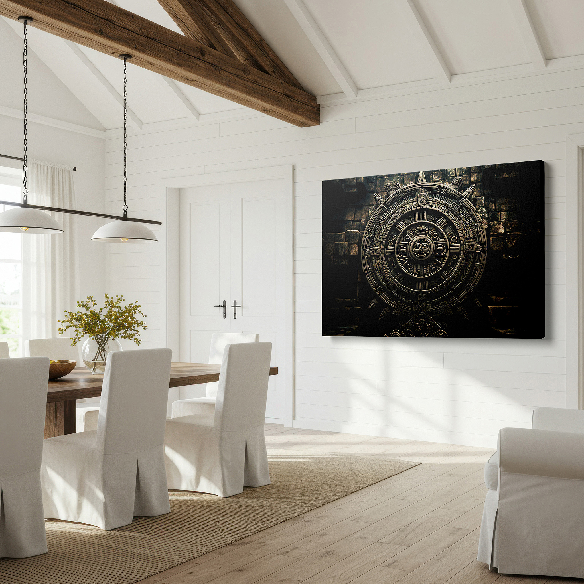 At 60×40 cm, this format fits effortlessly over dressers or benches — aztec calendar stone wall art: a captivating display of ancient craftsmanship and celestial knowledge - ideal for office and home decor, large canvas art