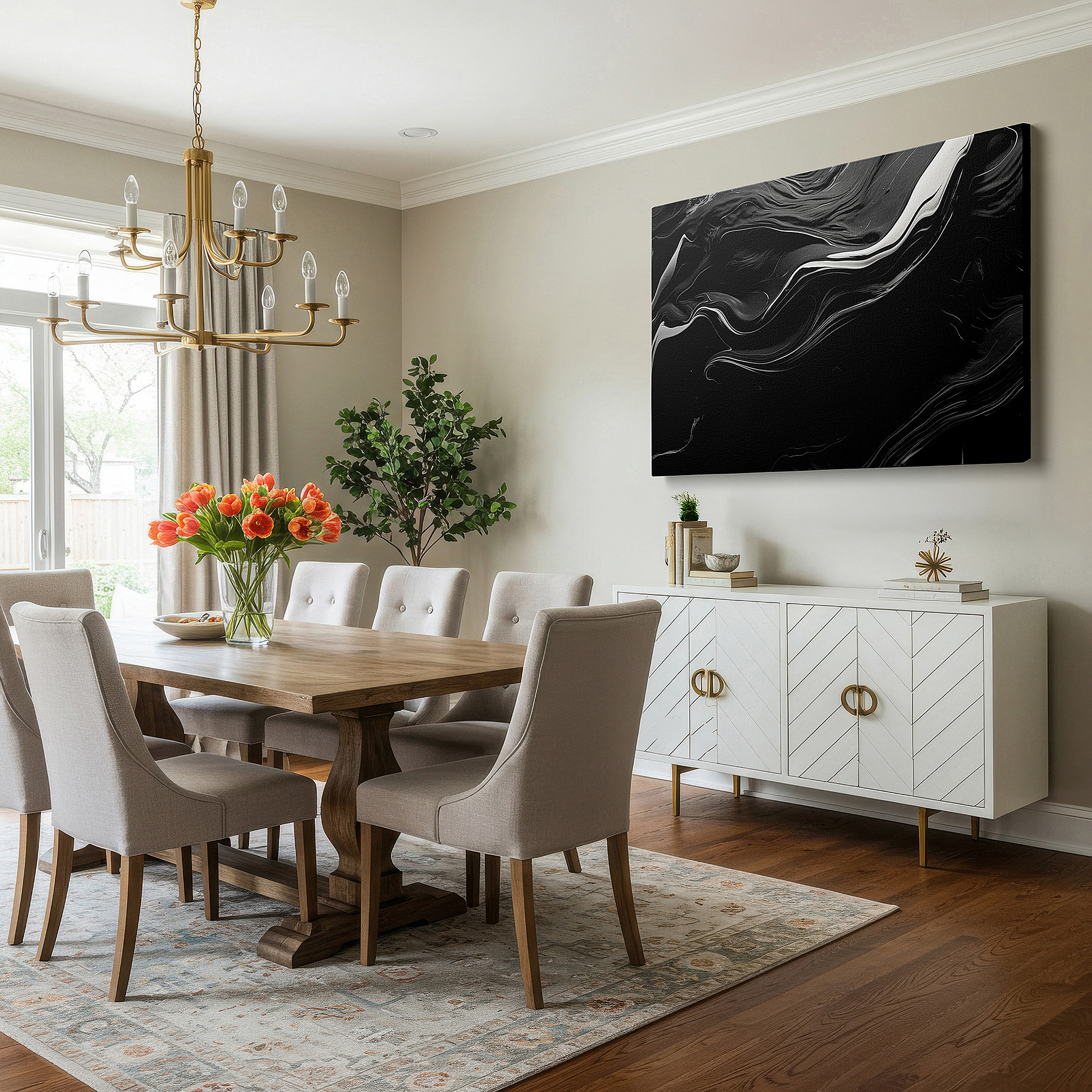 At 60×40 cm, this format fits effortlessly over dressers or benches — black and white abstract wall art featuring dynamic swirls and fluid shapes, large canvas for office, bedroom, and living room decor