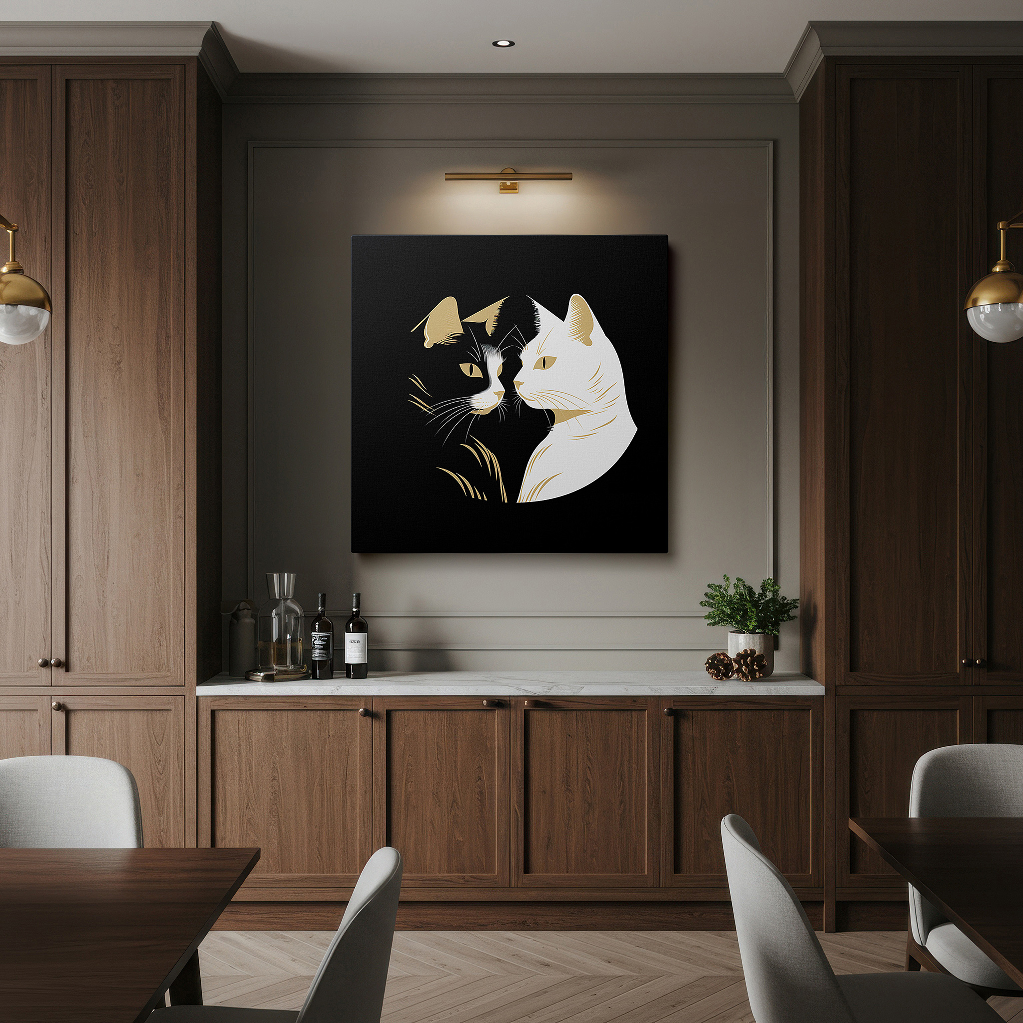 At 60×40 cm, this format fits effortlessly over dressers or benches — black and white duality - minimalist contrast featuring two cats, large canvas wall art for office and bedroom decor