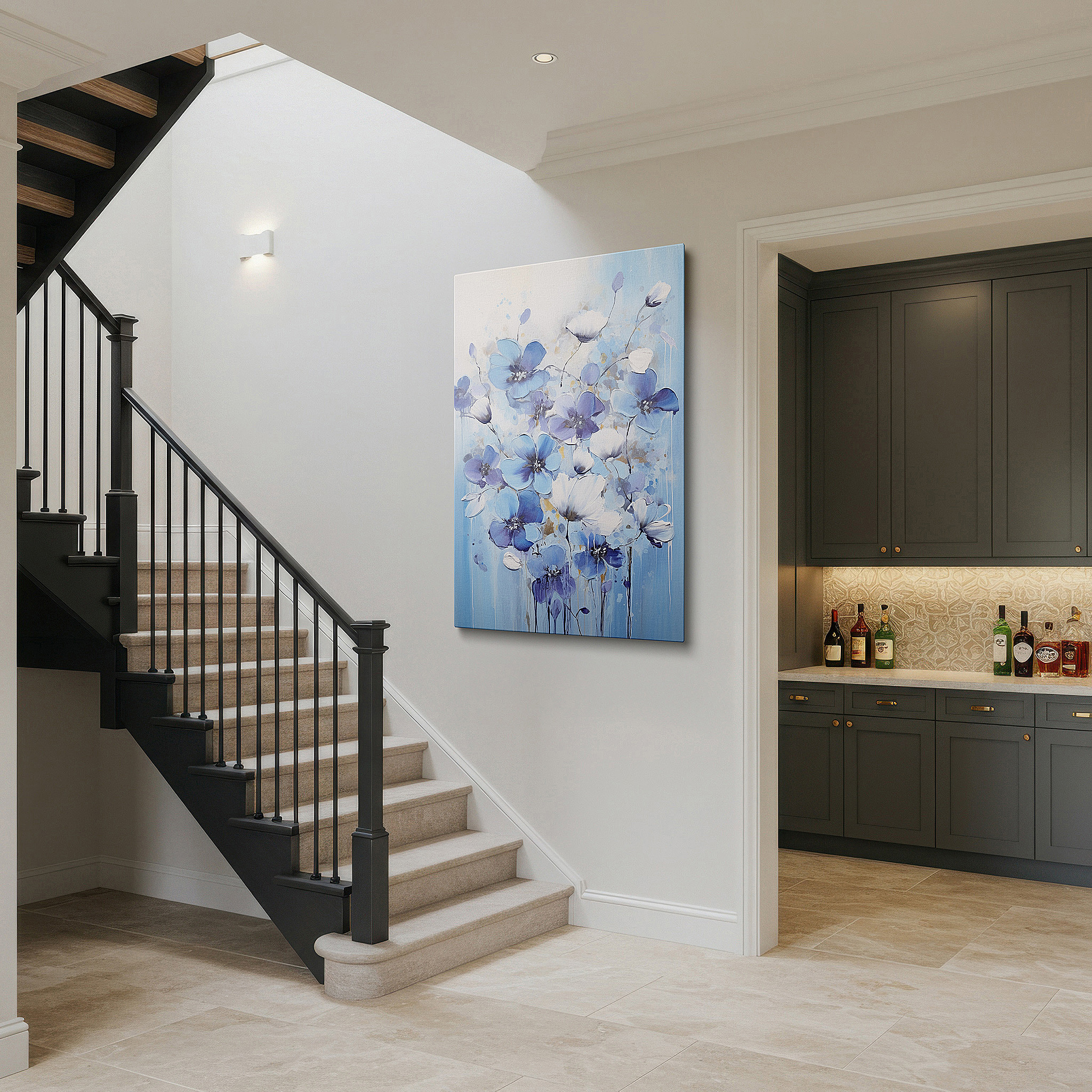 At 60×40 cm, this format fits effortlessly over dressers or benches — blue blooms: a tribute to nature's fragile beauty - large canvas wall art for office and bedroom decor
