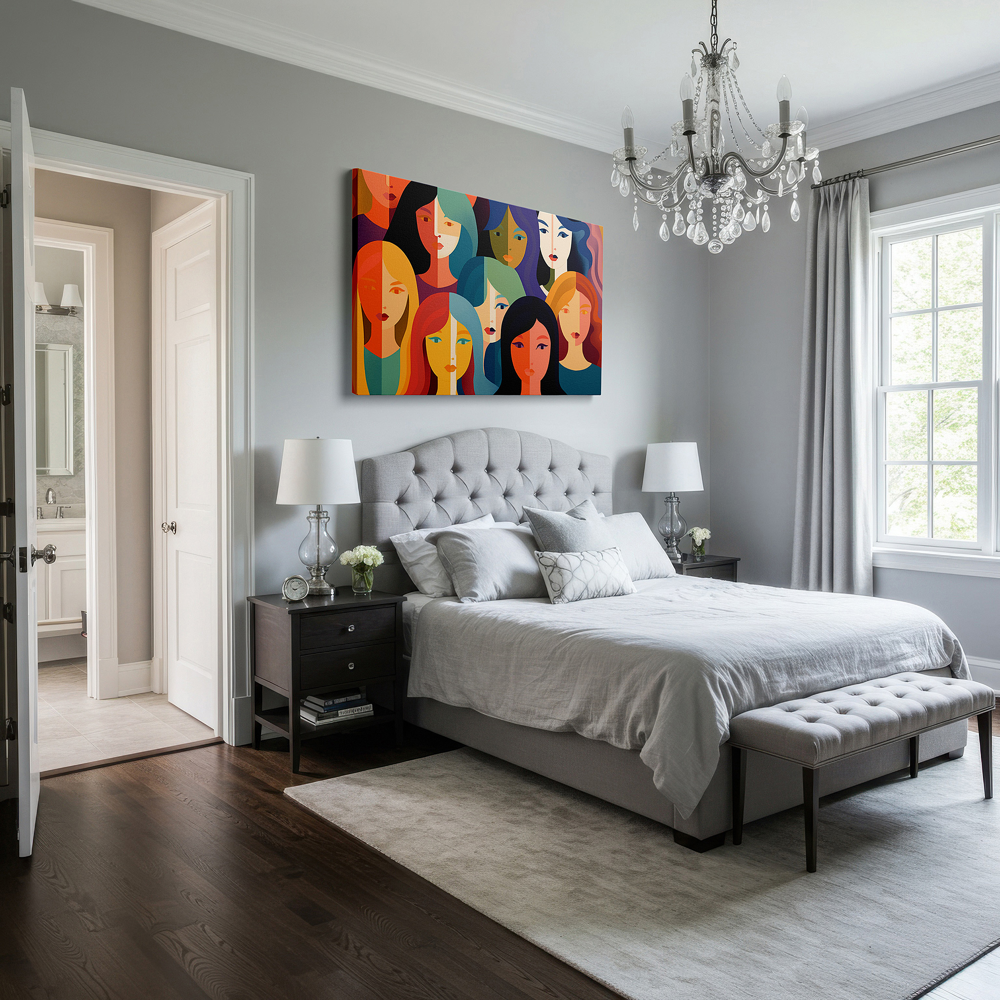 At 60×40 cm, this format fits effortlessly over dressers or benches — a colorful celebration of femininity, diversity, and empowerment featuring dynamic faces and hues in large wall art, canvas wall art, and wall decor.